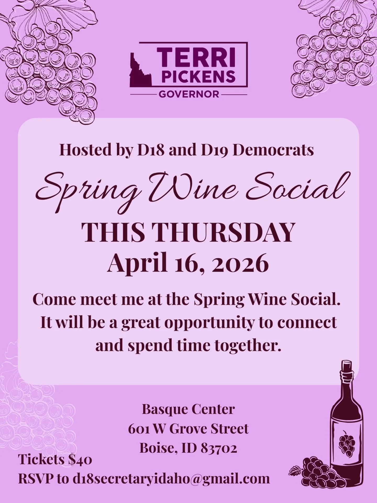 Come meet me at our Spring Wine Social. Let&rsquo;s connect, talk about what matters, and spend some time together. I can&rsquo;t wait to see you there. 💙

#TerriForIdaho