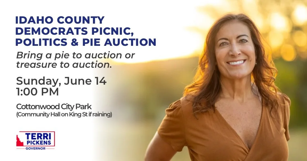 Join us for the Idaho County Democrats Picnic, Politics &amp; Pie Auction! 🥧💙

Bring a pie to auction or a treasure to share and spend the afternoon with fellow Idahoans who care about building a better future for our state.

📍 Cottonwood City Par