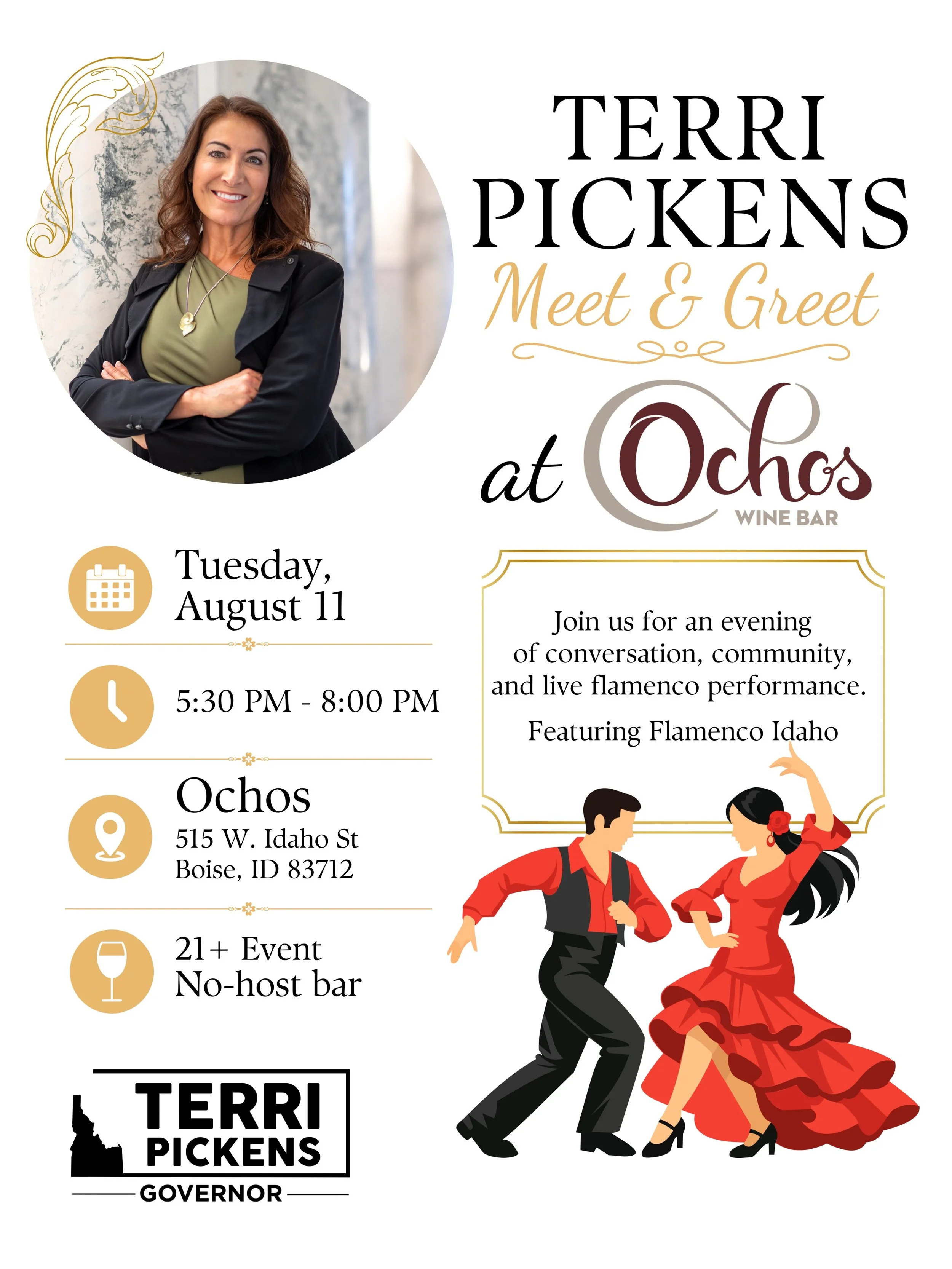 Join me for an evening of great conversation, community, and live flamenco at Ochos Wine Bar! 💙

📅 Tuesday, August 11
🕠 5:30 PM to 8:00 PM
📍 Ochos Wine Bar, 515 W. Idaho St., Boise
🍷 21+ event &bull; No-host bar

I can&rsquo;t wait to see you th