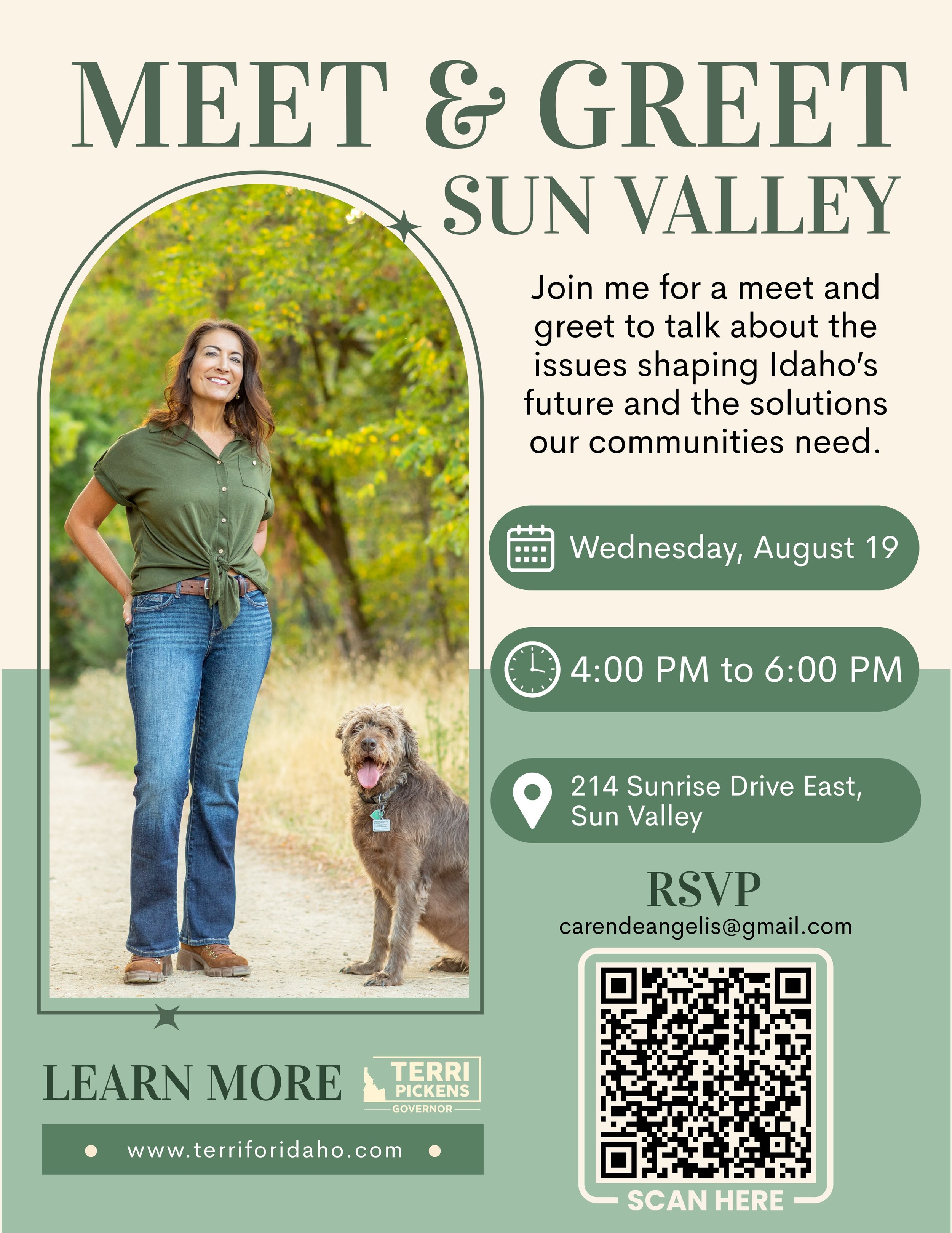 Sun Valley, I&rsquo;m coming your way! 💙

Join me this Wednesday, August 19 at 4:00 PM for a Meet &amp; Greet in Sun Valley. 

Come say hello, ask me the questions that matter to you, and let&rsquo;s talk about the future of Idaho. Whether you have 