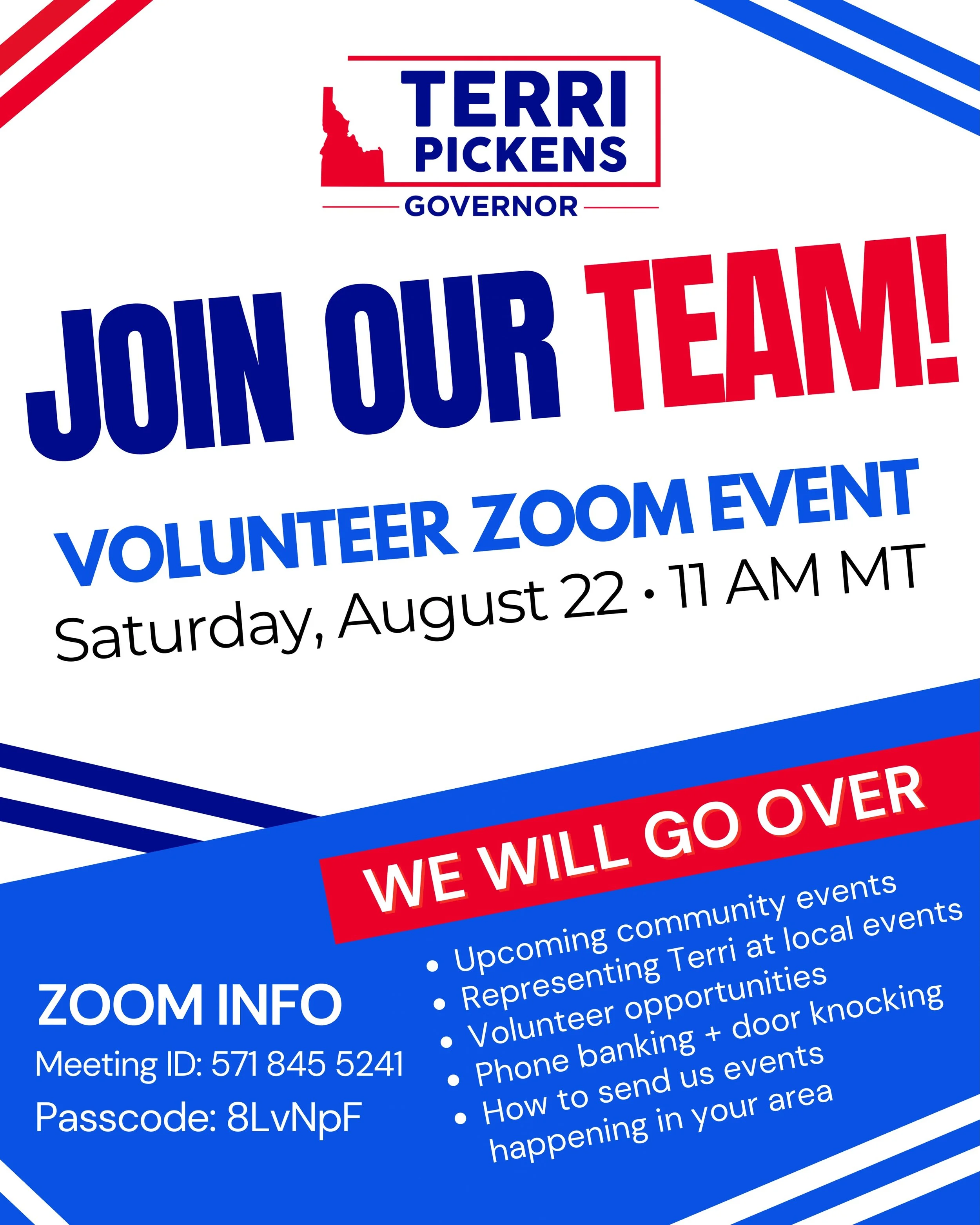 THIS SATURDAY! (Save this post so you can easily find the Zoom link later!)

Want to help us build a campaign that reaches every corner of Idaho? Join our Volunteer Zoom Event this Saturday, August 22 at 11 AM MT!

We&rsquo;ll talk about upcoming eve