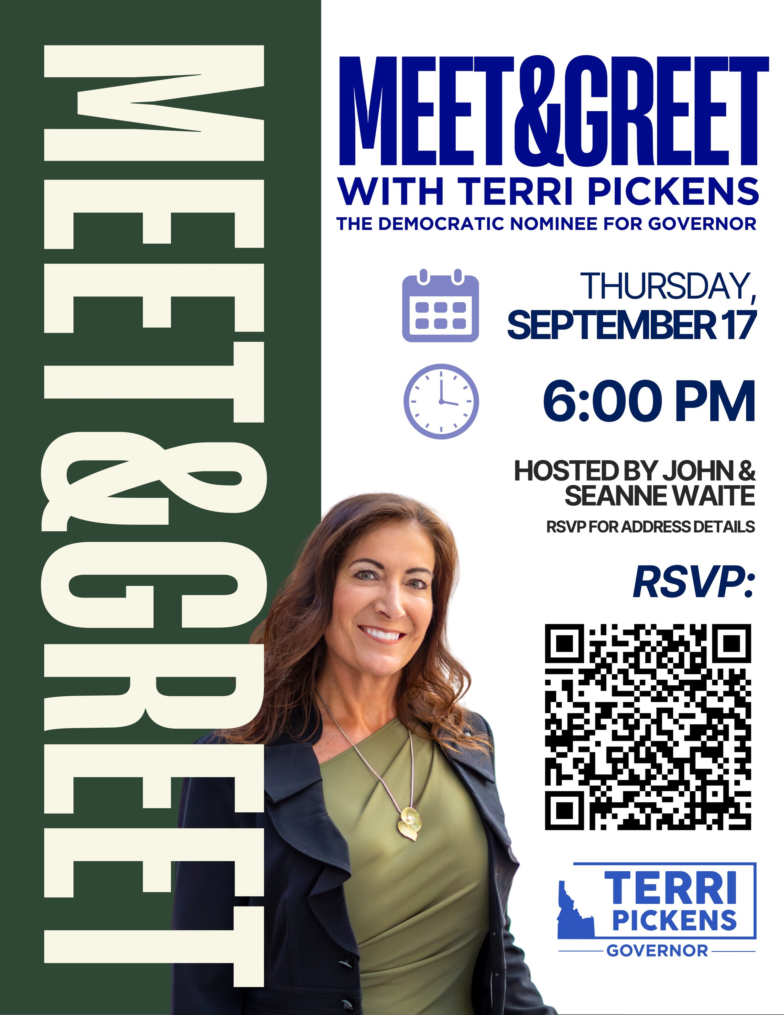 Meet &amp; Greet on Thursday, September 17 at 6:00 PM, hosted by John and Seanne Waite.

The event will include an opportunity to meet Terri, ask questions, and hear more about her campaign for governor.

RSVP: through the link in my highlights &ldqu