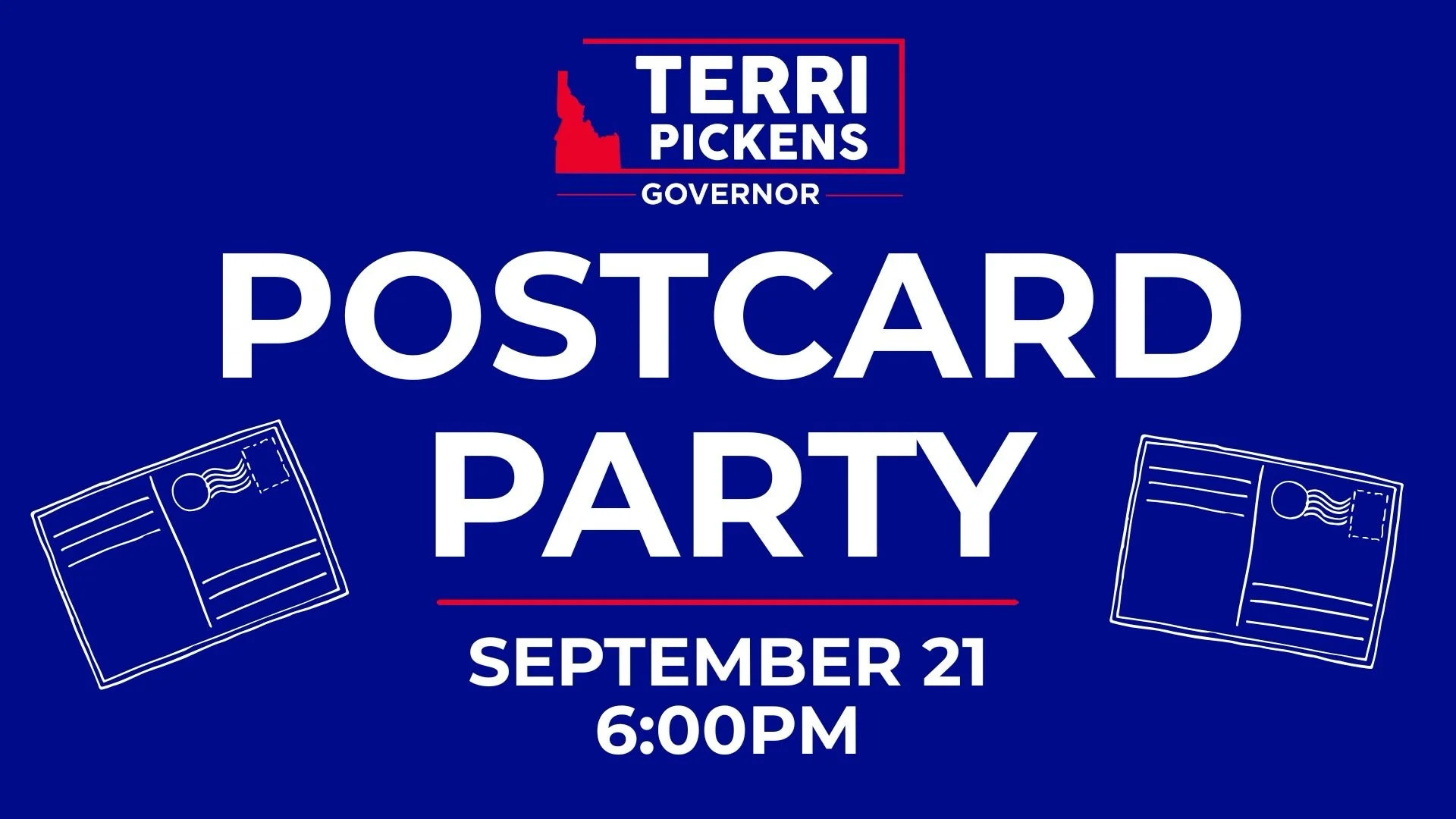 Join us for our Postcard Party on September 21 at 6 PM. 💙

Come write postcards, meet other volunteers, and help us reach more Idahoans with information about the campaign.

Bring a friend, grab a stack of postcards, and help us get the word out.

R