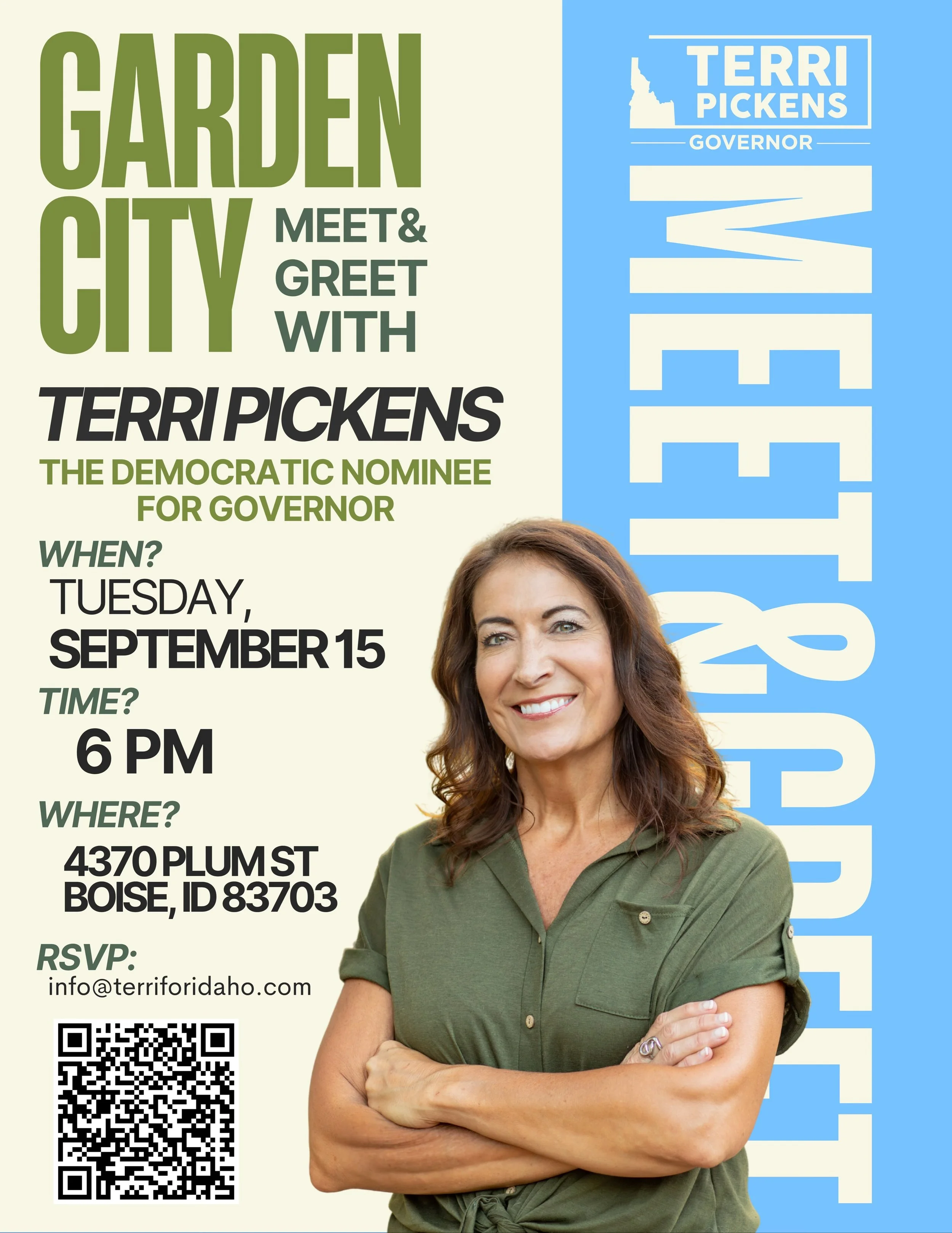 Tomorrow! Garden City, come meet Terri Pickens and talk about the issues shaping Idaho&rsquo;s future.

📅 Tuesday, September 15
🕕 6 PM
📍 4370 Plum St, Boise, ID 83703

Bring your questions, hear directly from the campaign, and join the conversatio