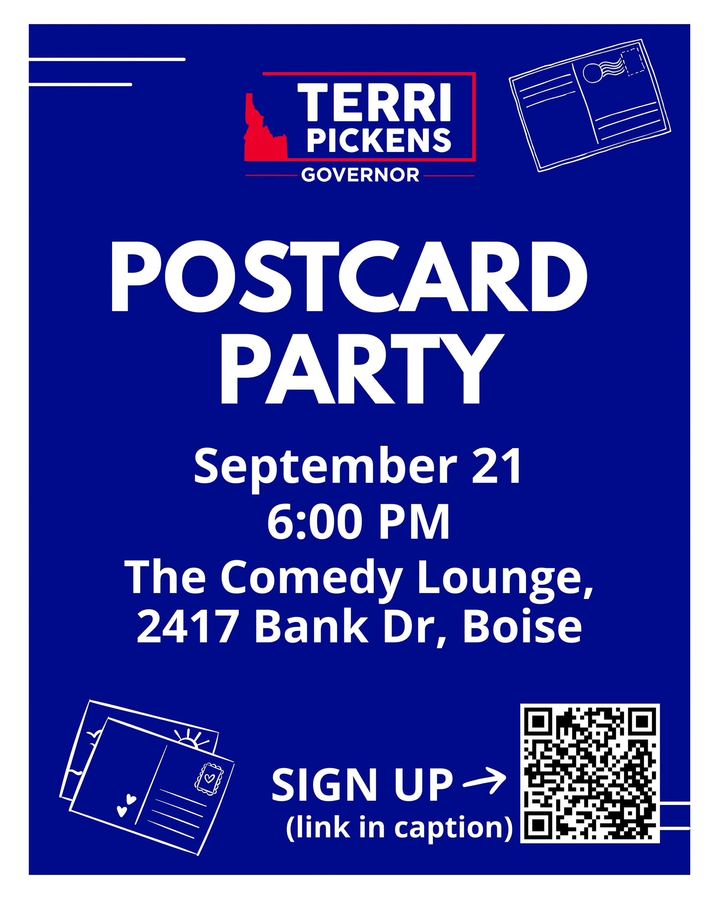 Join us for our Postcard Party on September 21 at 6 PM. 💙

Come help us reach more Idahoans, write postcards, meet other volunteers, and bring a friend with you.

📍 The Comedy Lounge, 2417 Bank Dr, Boise

Sign up through the link in my highlight &l