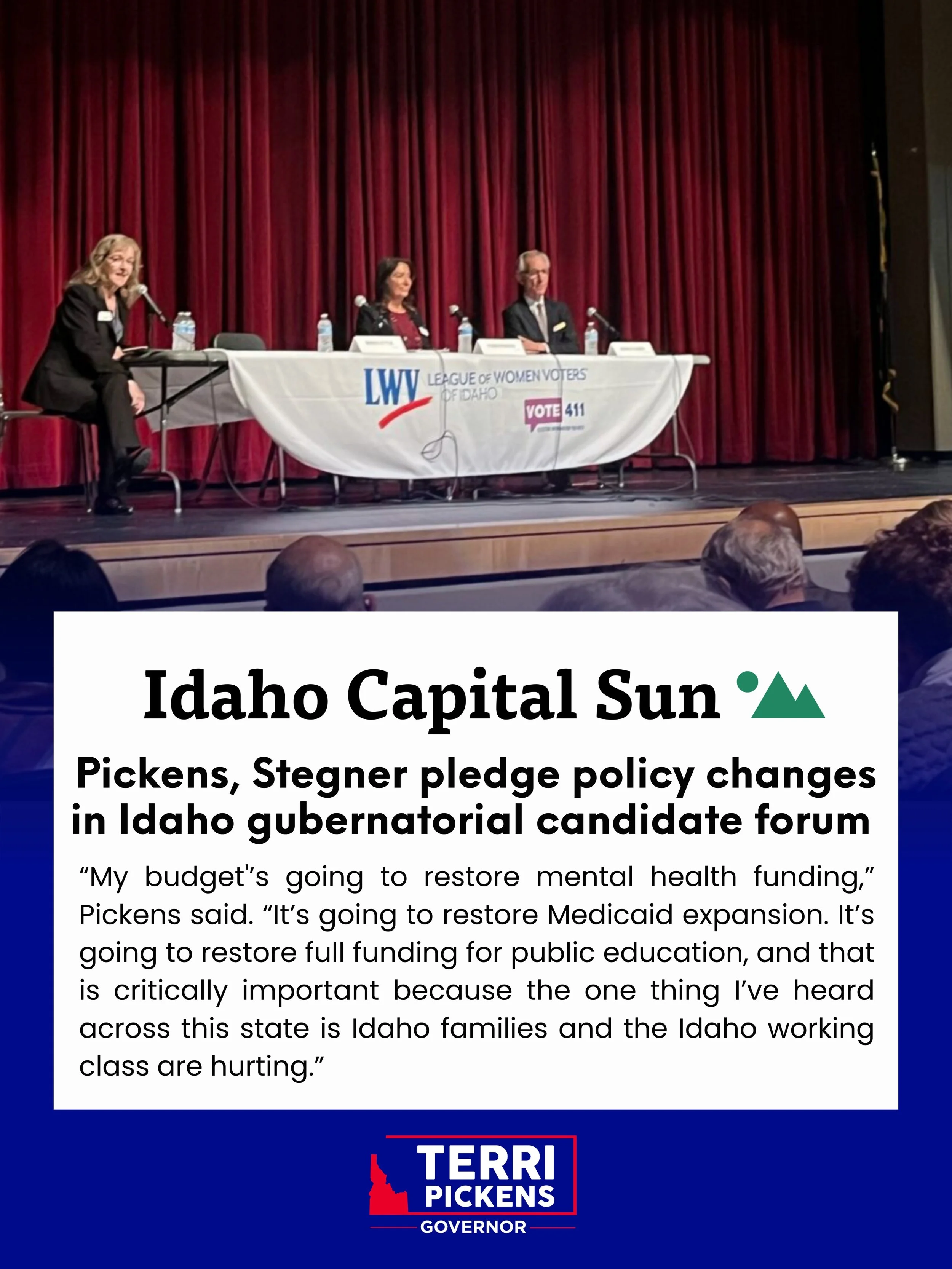 Thank you for the immense support at yesterday&rsquo;s gubernatorial forum hosted by the League of Women Voters of Idaho. 💙

Public candidate forums are a fundamental part of democracy. Idahoans deserve the opportunity to hear directly from the peop