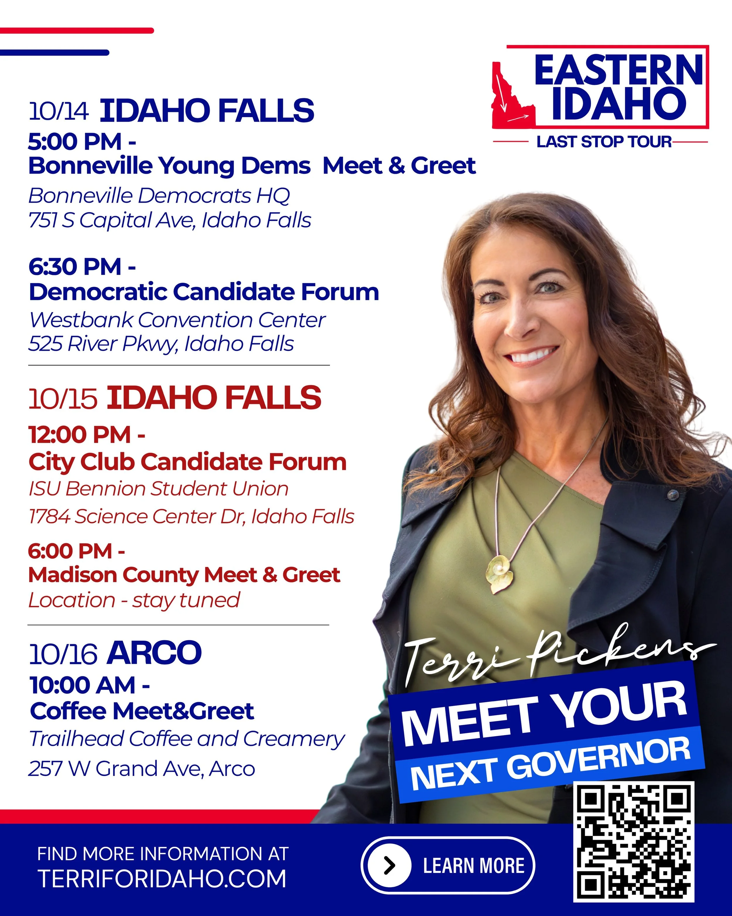 Eastern Idaho, we&rsquo;re coming your way! 🚗💙

Our Last Stop Tour continues with multiple stops in Idaho Falls and Arco. Come meet Terri, ask questions, and join us for conversations about the future of Idaho.
Find more information at terriforidah