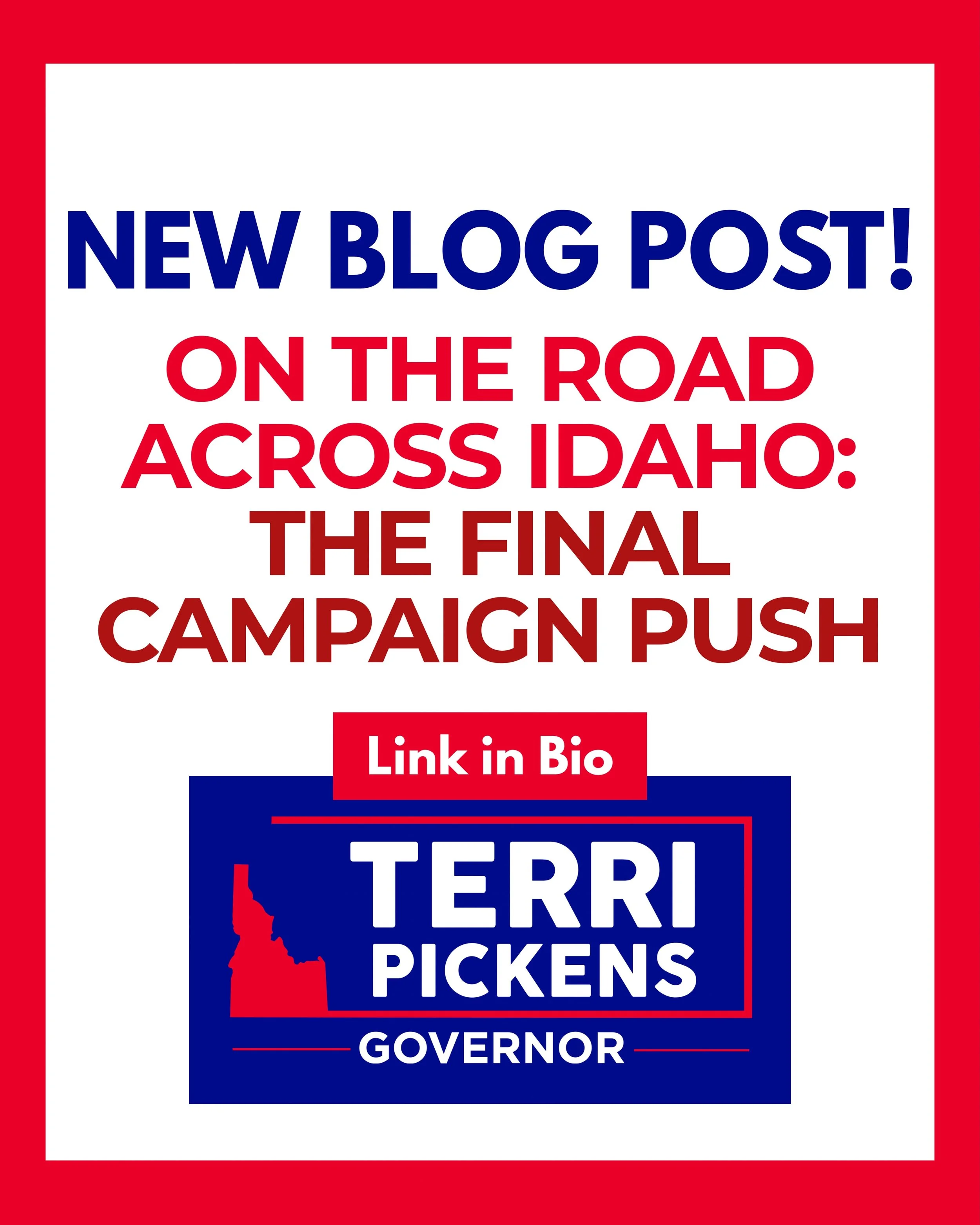 THE FINAL CAMPAIGN PUSH IS HERE. 🚗💙

The last month is racing by, and we are doing everything we can to reach Idahoans across the state.

Our latest campaign update is up. Read about where we have been, where we are headed next, and what these fina