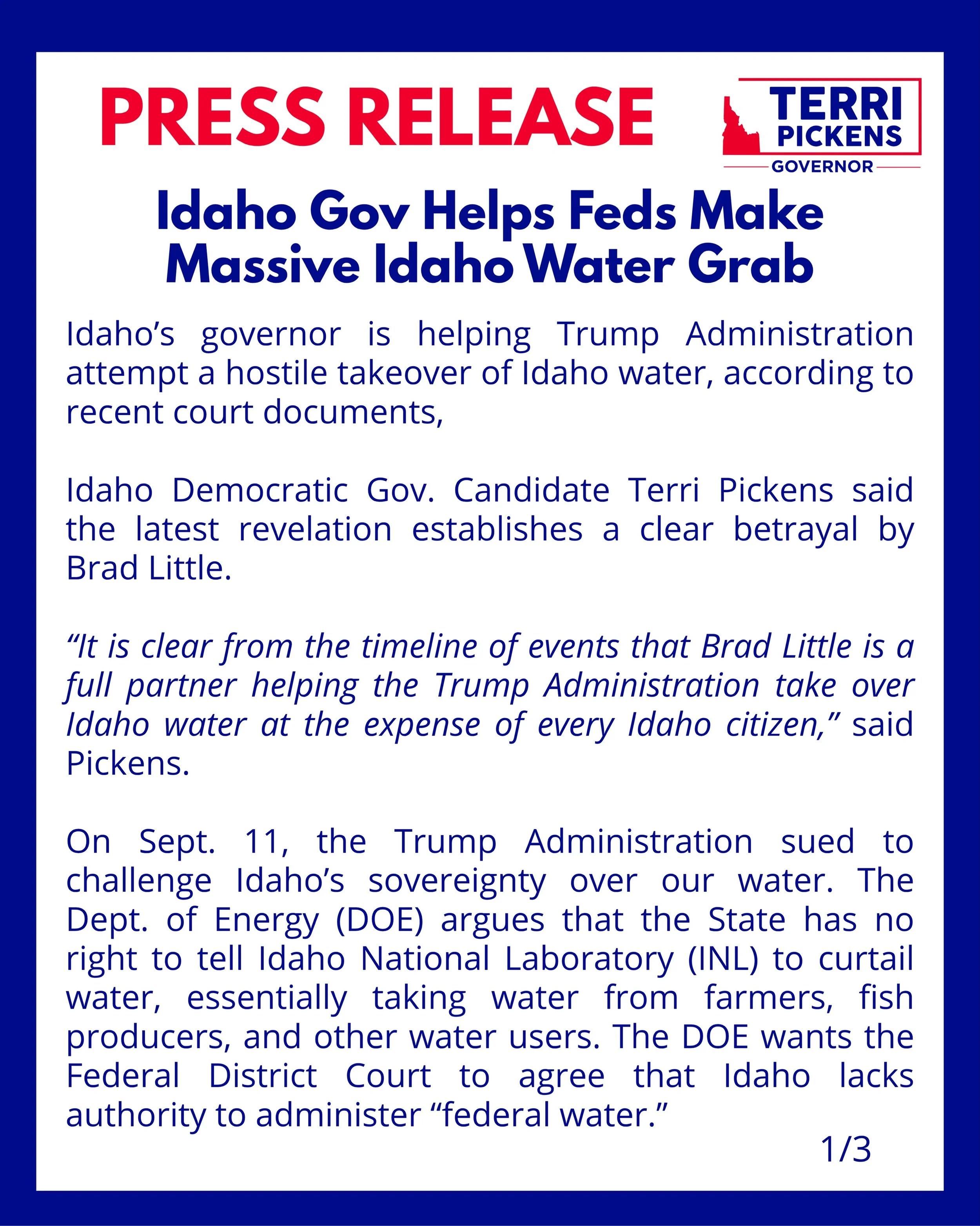 PRESS RELEASE: Idaho Gov Helps Feds Make Massive Idaho Water Grab

#TerriForIdaho