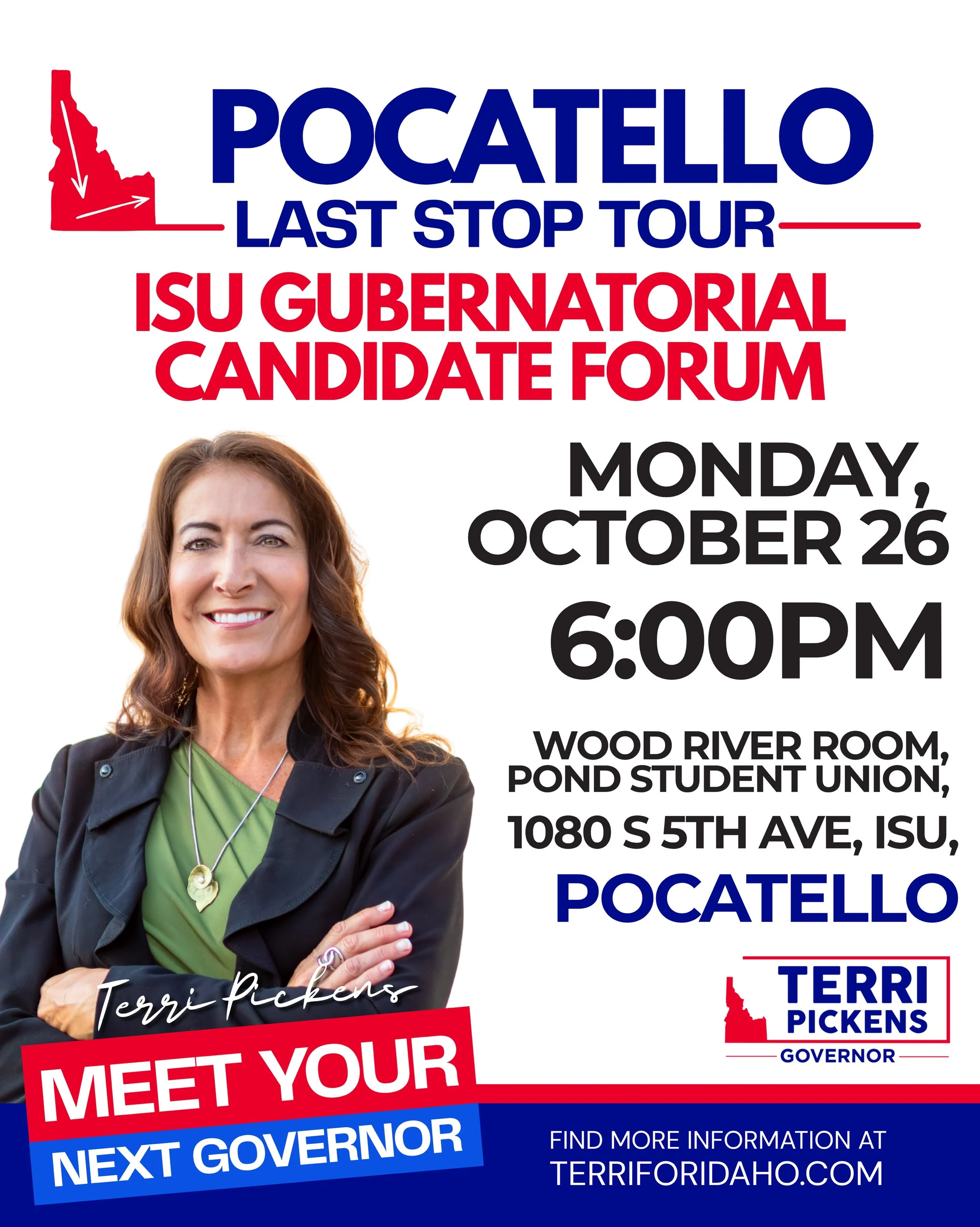 Pocatello, we&rsquo;re coming your way!

Join me for the ISU Gubernatorial Candidate Forum and hear directly from the candidates about the issues facing Idaho.

📅 Monday, October 26
🕕 6:00 PM
📍 Wood River Room, Pond Student Union
1080 S 5th Ave, I
