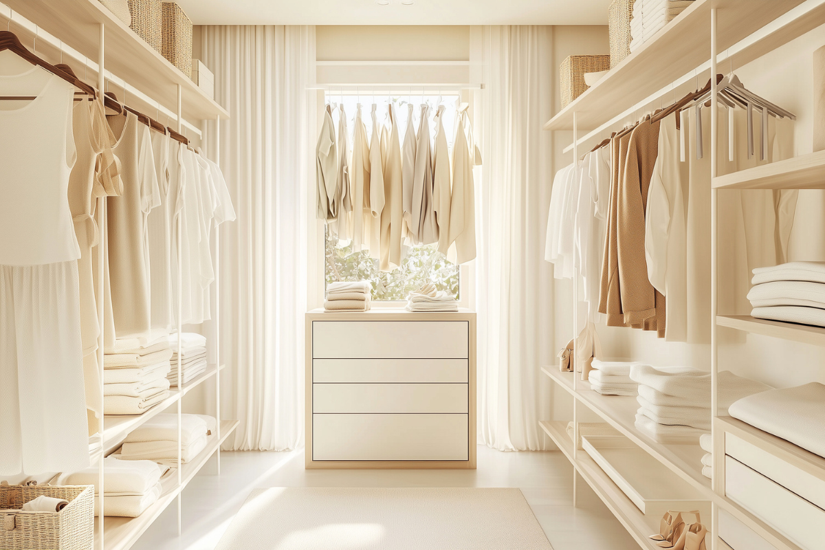 Organized neutral-toned closet with curated clothing and open space, reflecting a thoughtful wardrobe edit