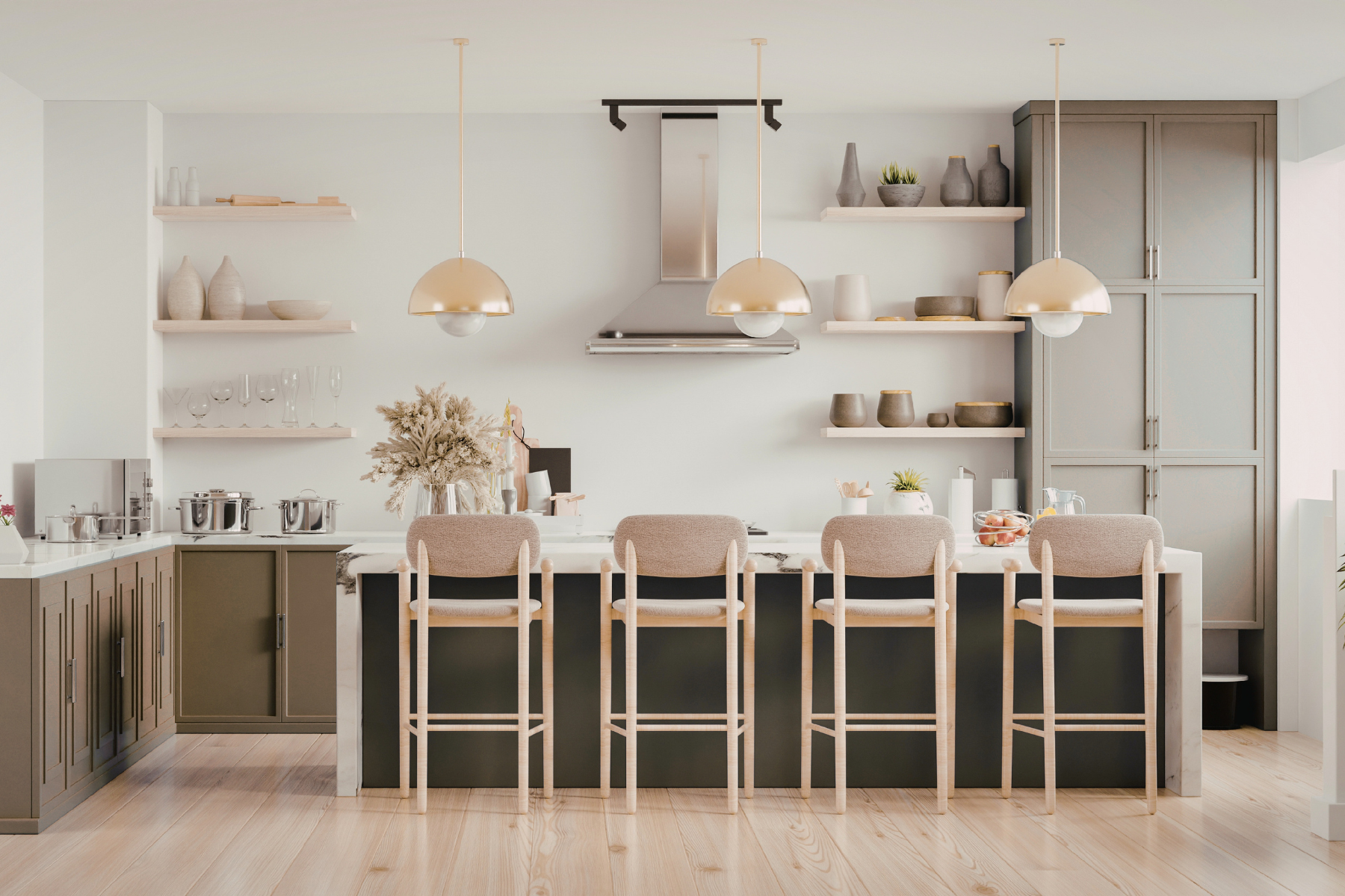 A calm, elevated kitchen with open shelving, organized surfaces, and soft neutral finishes for the Ethereal Edits Refresher Membership.