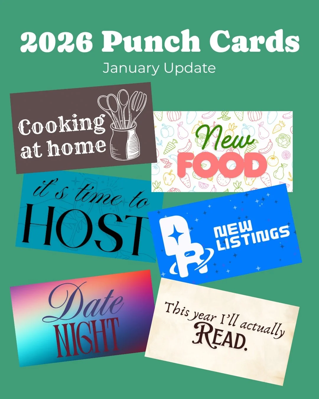 Proud of myself for the progress I&rsquo;ve made so far on my punch cards! I&rsquo;ll do a better job of taking pictures of things I do for the punch cards this month, but here&rsquo;s what I did in January!