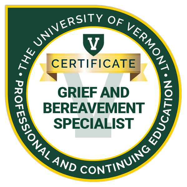 Seal from the University of Vermont indicating certification for grief and bereavement specialist, with a green and yellow color scheme and a large V in the center.