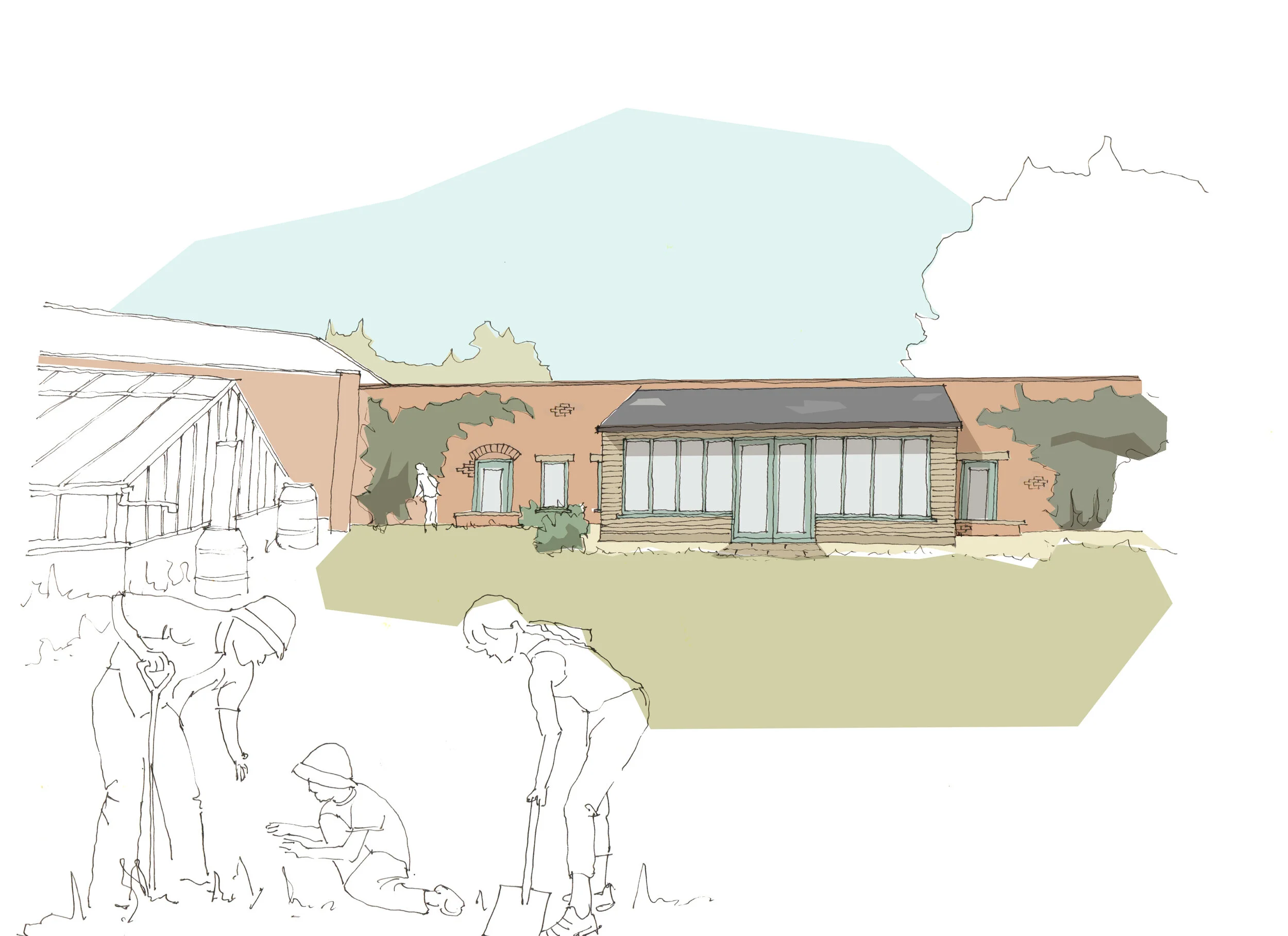 Illustration of a garden scene featuring people gardening near a greenhouse and a red-brick building with large windows.