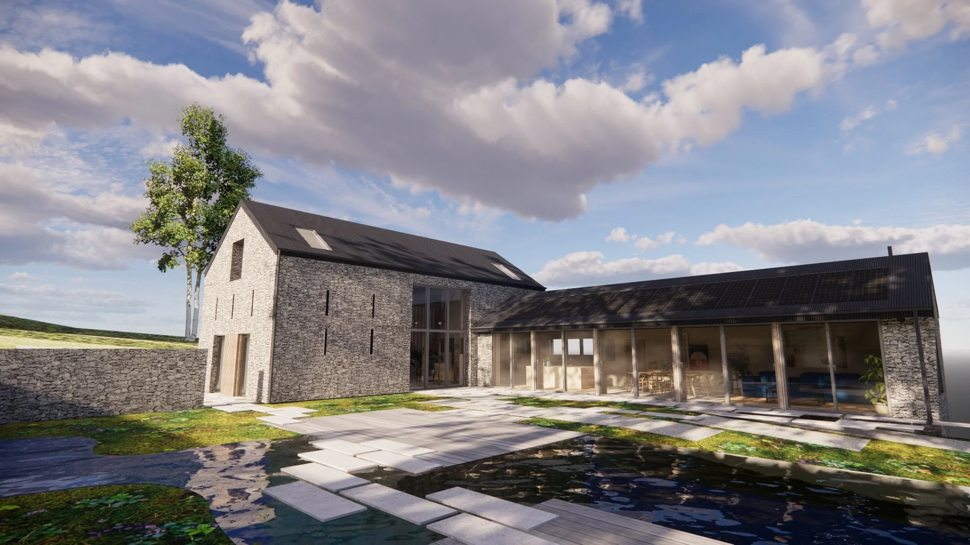 Folia Architects - Modern stone house with a black metal roof, large glass windows, and a water feature in the backyard, under a partly cloudy sky.
