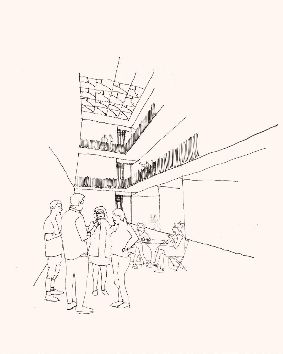 A sketch from an early project; Bicester Passivhaus Plus Co-Working office space.

There were two big drivers: 
- Low energy / Net Zero
- Architecture that fosters the creation of community

Run by TownSq, it is now a thriving business space, fosteri