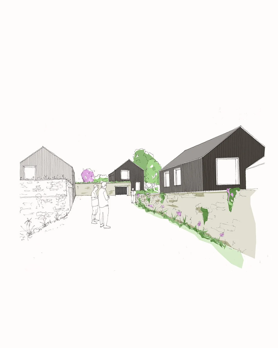 Modern Passivhaus homes nestled in a rural stone walled village, sunlight filled rooms with views into nature.

This early concept sketch explores the boundaries between the wild lush garden, and three Passivhaus houses placed within it.

This approa