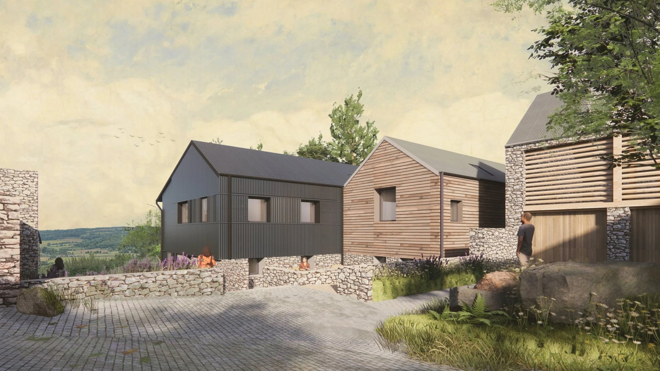 Folia Architects - Rendering of barns as holiday accommodation farm diversification - homes with wooden and metal facades, stone accents, and landscaped surroundings.