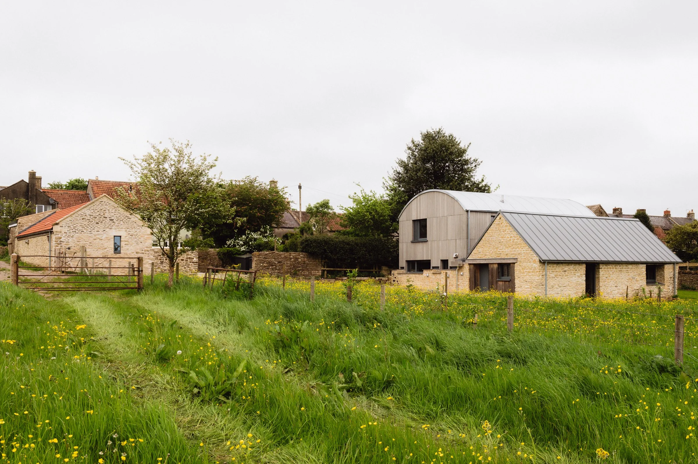 Folia Architects - A rural landscape with grassy fields and yellow wildflowers, old stone and modern wooden houses, trees, and a cloudy sky.