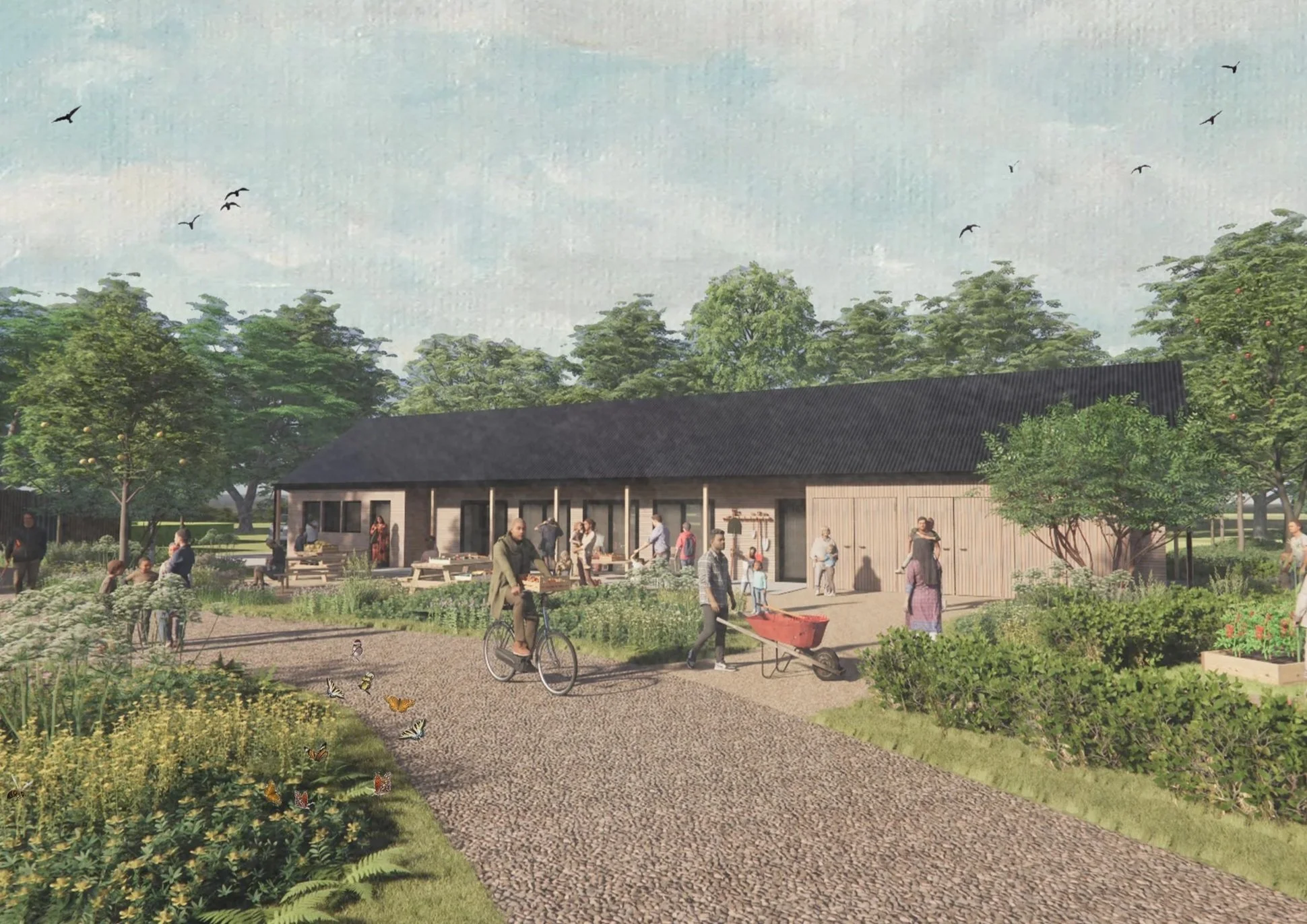 Folia Architects - A community garden with people engaging in gardening, walking, cycling, and socializing near a modern wooden building surrounded by lush green trees and plants.