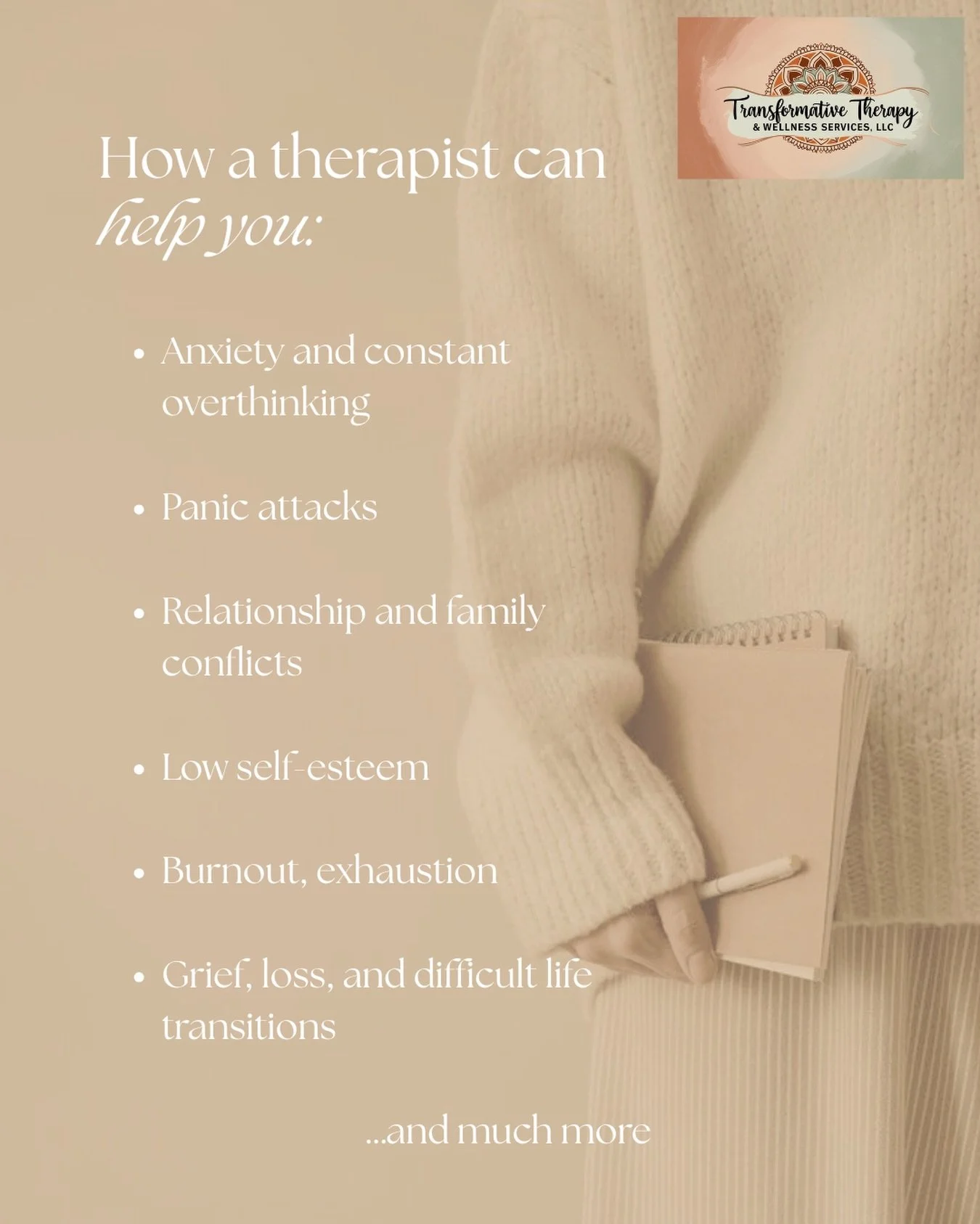 Sometimes life feels heavy&mdash;and you don&rsquo;t have to carry it alone. 🤍
Therapy is a space where you can feel heard, supported, and empowered to grow.

Whether you&rsquo;re navigating anxiety, burnout, relationship challenges, or life transit