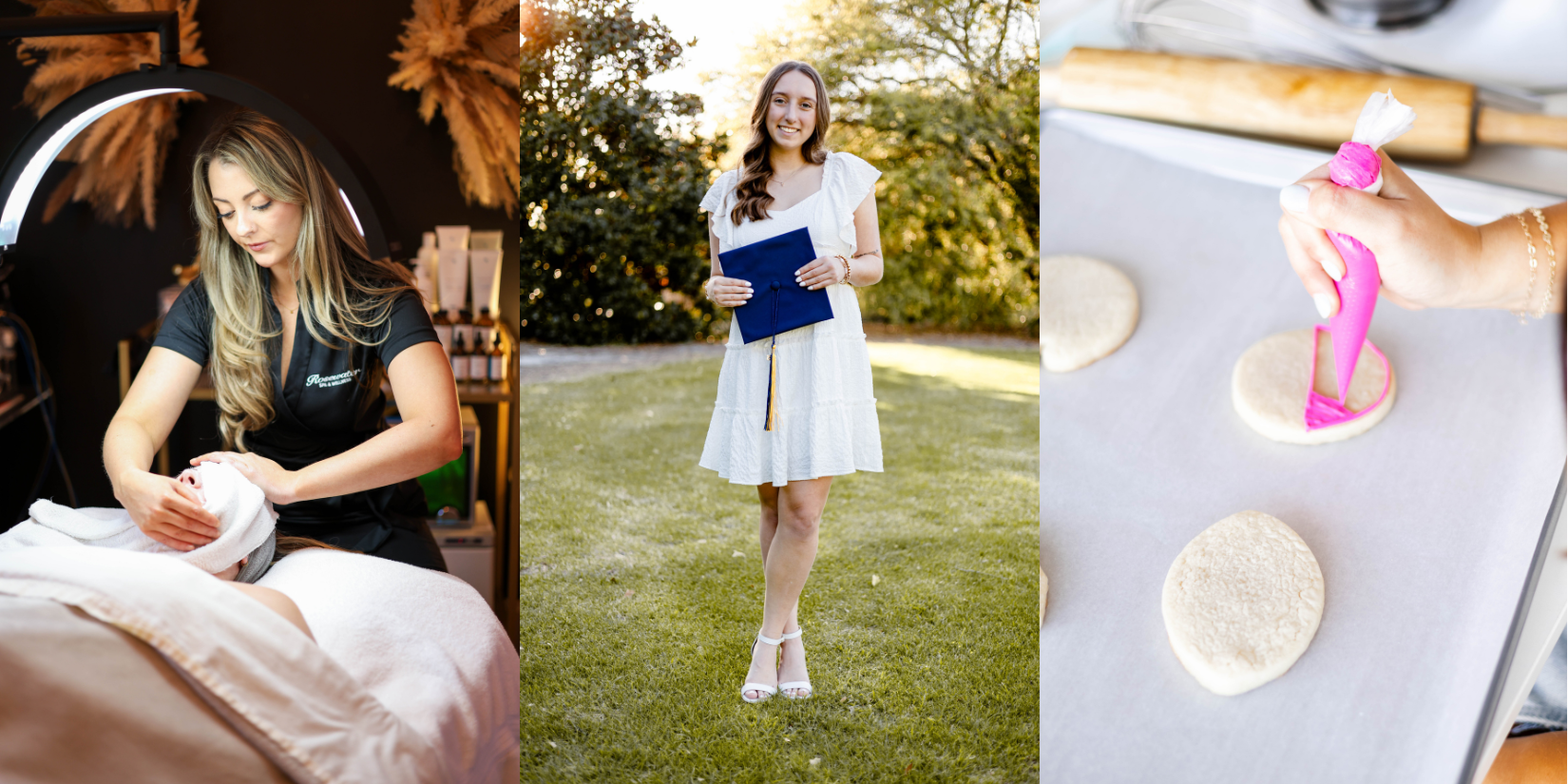 Collage of three images: A woman giving a facial treatment in a spa setting, a person in a white dress holding a graduation cap outdoors, and a hand icing cookies with pink frosting on a baking tray.