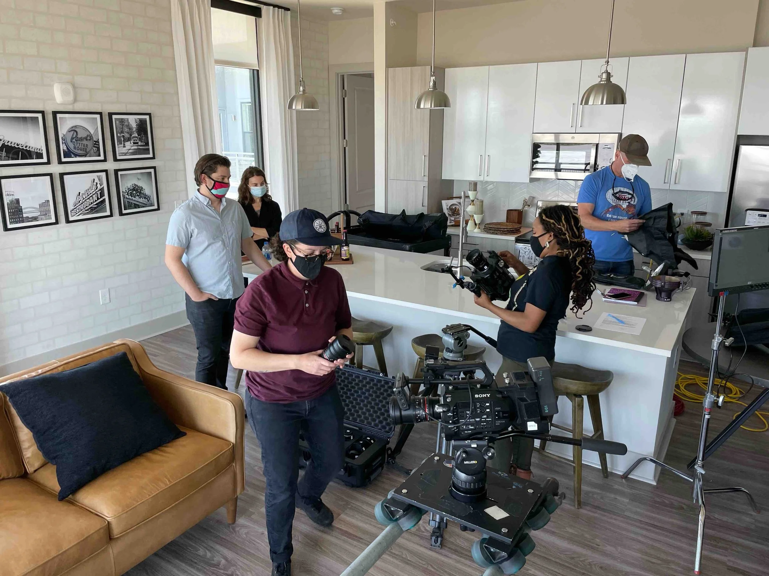 Behind the scenes still from the film, Tom Lee Park: A Riverfront for Everyone, produced by Last Bite Films. Image features crew members Molly Wexler, Joseph Carr, Matteo Servente, Breezy Lucia, Amanda Willoughby.