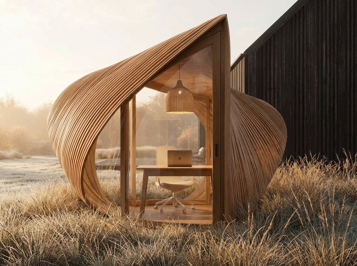A modern, organic-shaped wooden tiny house with a curved slatted exterior wall, set in a field with tall grasses, with a desk, chair, laptop, and hanging light inside visible through large glass windows.