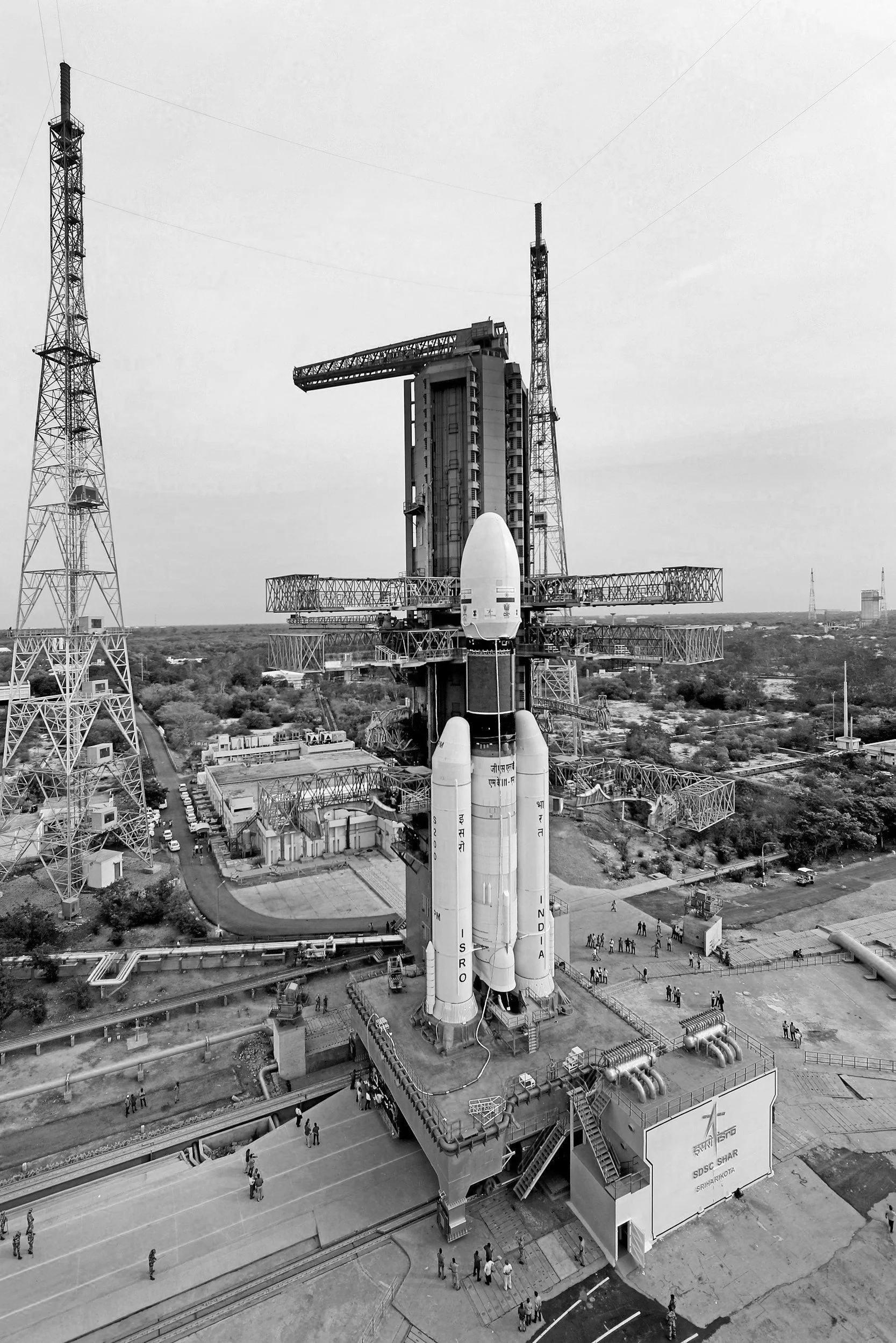 Launch pad with a large rocket at ISRO's Sriharikota Space Center