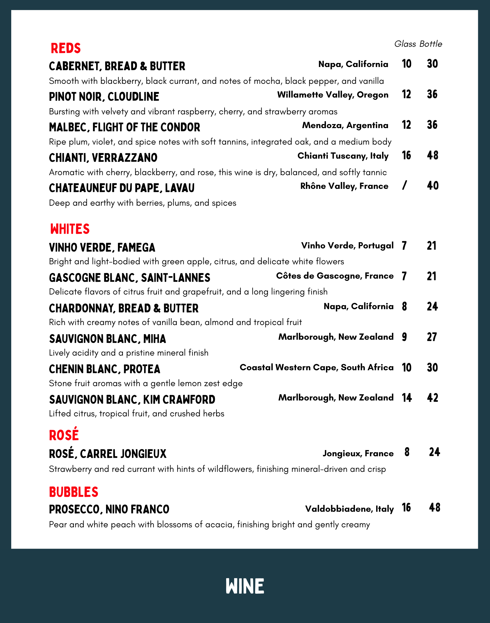 Wine menu listing various wines and their descriptions, regions, and prices, divided into sections for reds, whites, rosé, and bubbles.