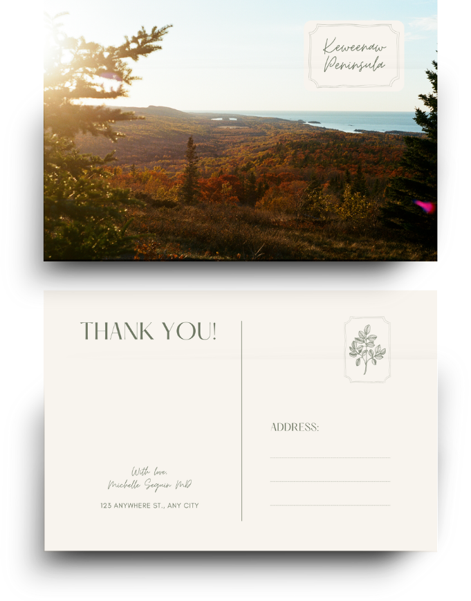 A scenic landscape photograph of Keewenda Peninsula showing trees, rolling hills, and a body of water in the distance, taken during sunset with sunlight filtering through the trees.