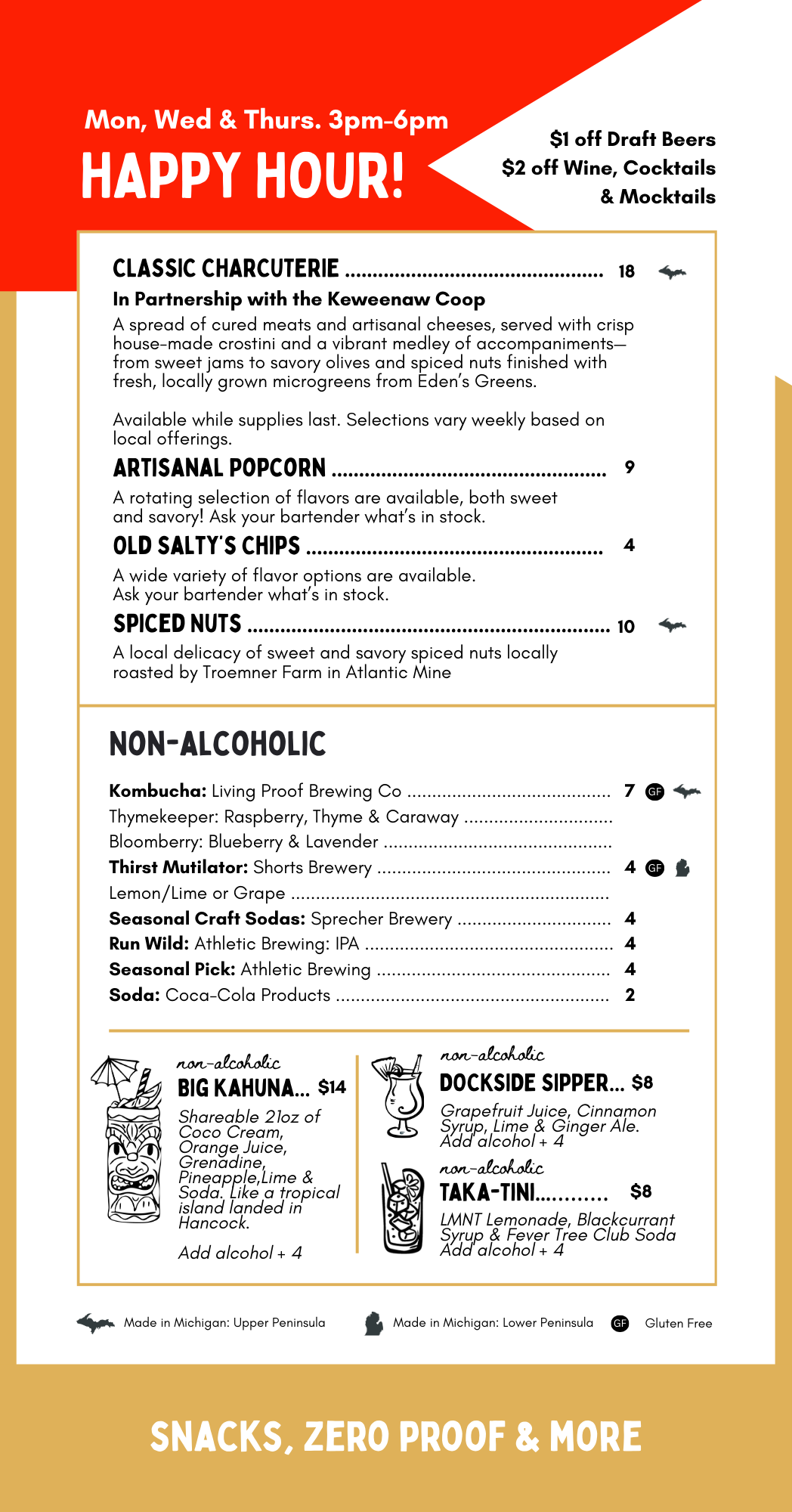 Happy Hour menu offering discounts on draft beers, wine, cocktails, and mocktails from 3 pm to 6 pm on Monday, Wednesday, and Thursday. The menu includes food items such as a charcuterie board, artisanal popcorn, Old Salty's chips, and spiced nuts, as well as a variety of non-alcoholic beverages like kombucha, Thirst Multilator, seasonal craft sodas, and root beer options. The menu features illustrations of a tiki drink and a tiki mask. It indicates the menu items are made in Michigan, with gluten-free options available, and highlights snacks and zero-proof drink options.