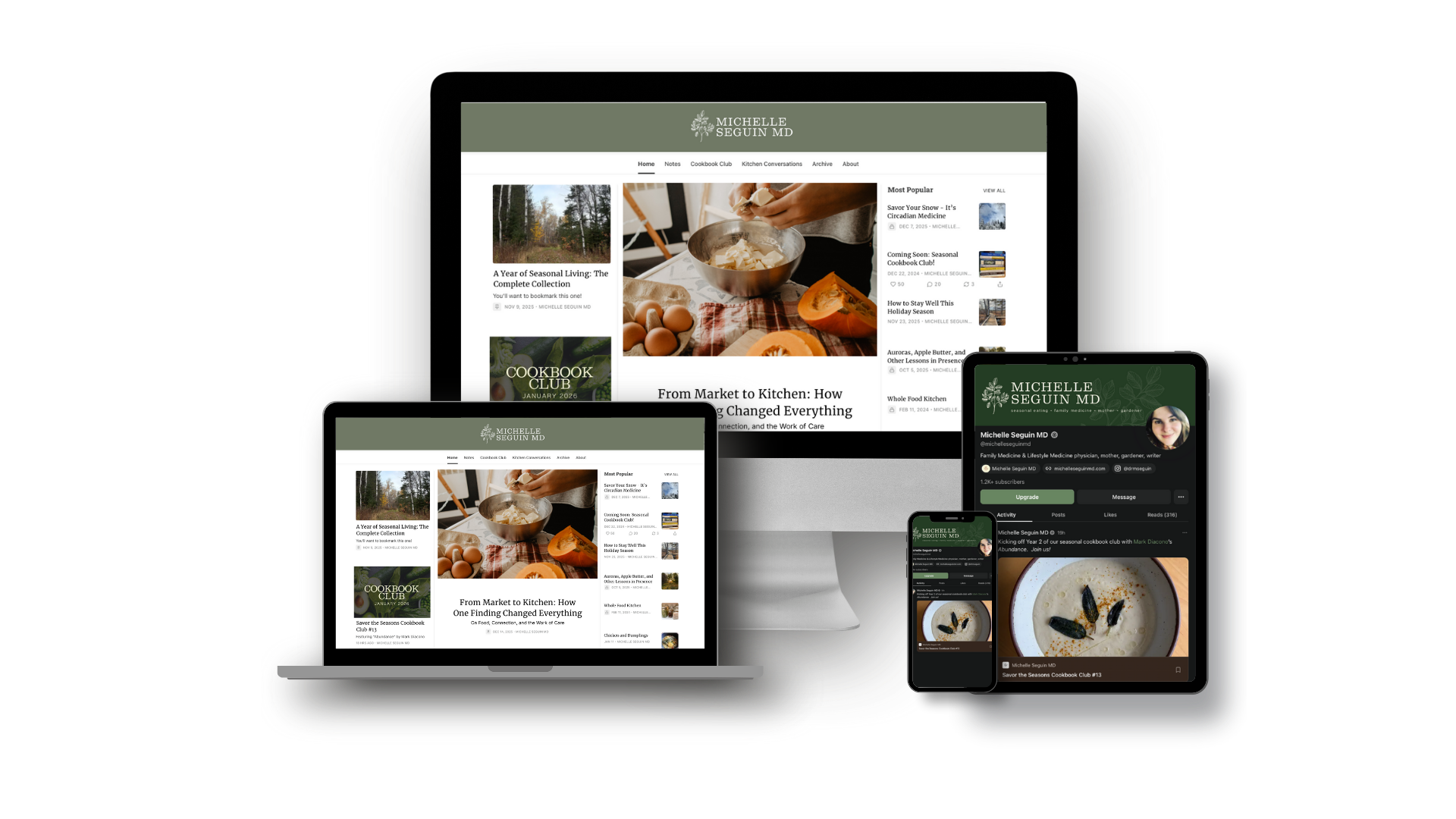 Multiple electronic devices displaying Michelle Seguin MD's website and social media profiles, including a desktop monitor, laptop, tablet, and smartphone.