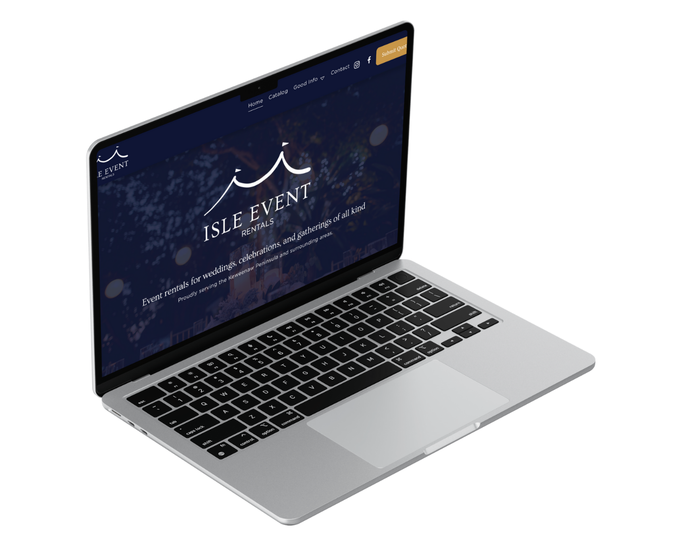 Open MacBook laptop displaying a website for Isle Event Rentals with a dark blue background, white text, and a logo of two abstract mountain peaks at the top.