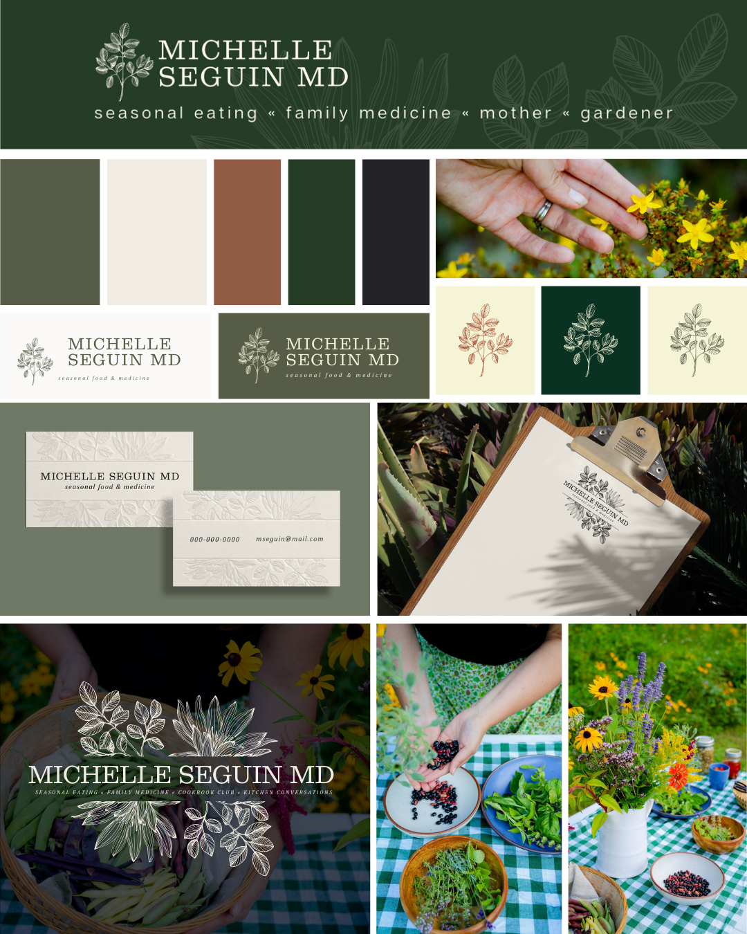 Design branding images for Michelle Seguin MD including logo variations with leaves, business cards, a clipboard with logo, and photos of fresh herbs, vegetables, and flowers on a checkered tablecloth.