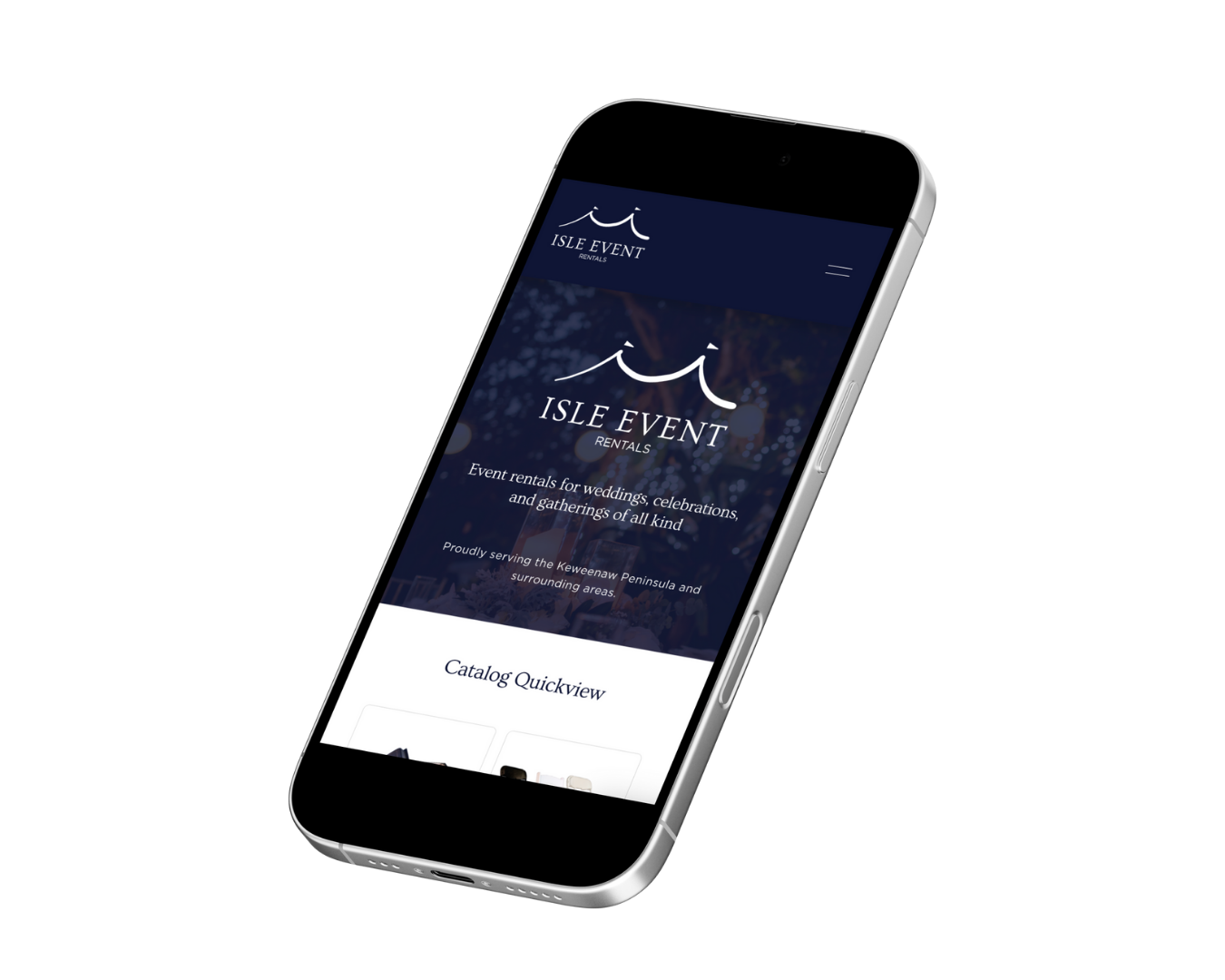 A smartphone displaying the homepage of Isle Event Rentals website, featuring event rental services for weddings and celebrations, serving the Keweenaw Peninsula area.