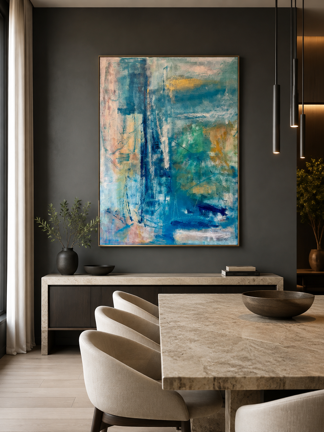 Awakening — abstract painting by Karen Sanseverino displayed in a sophisticated modern dining room.
