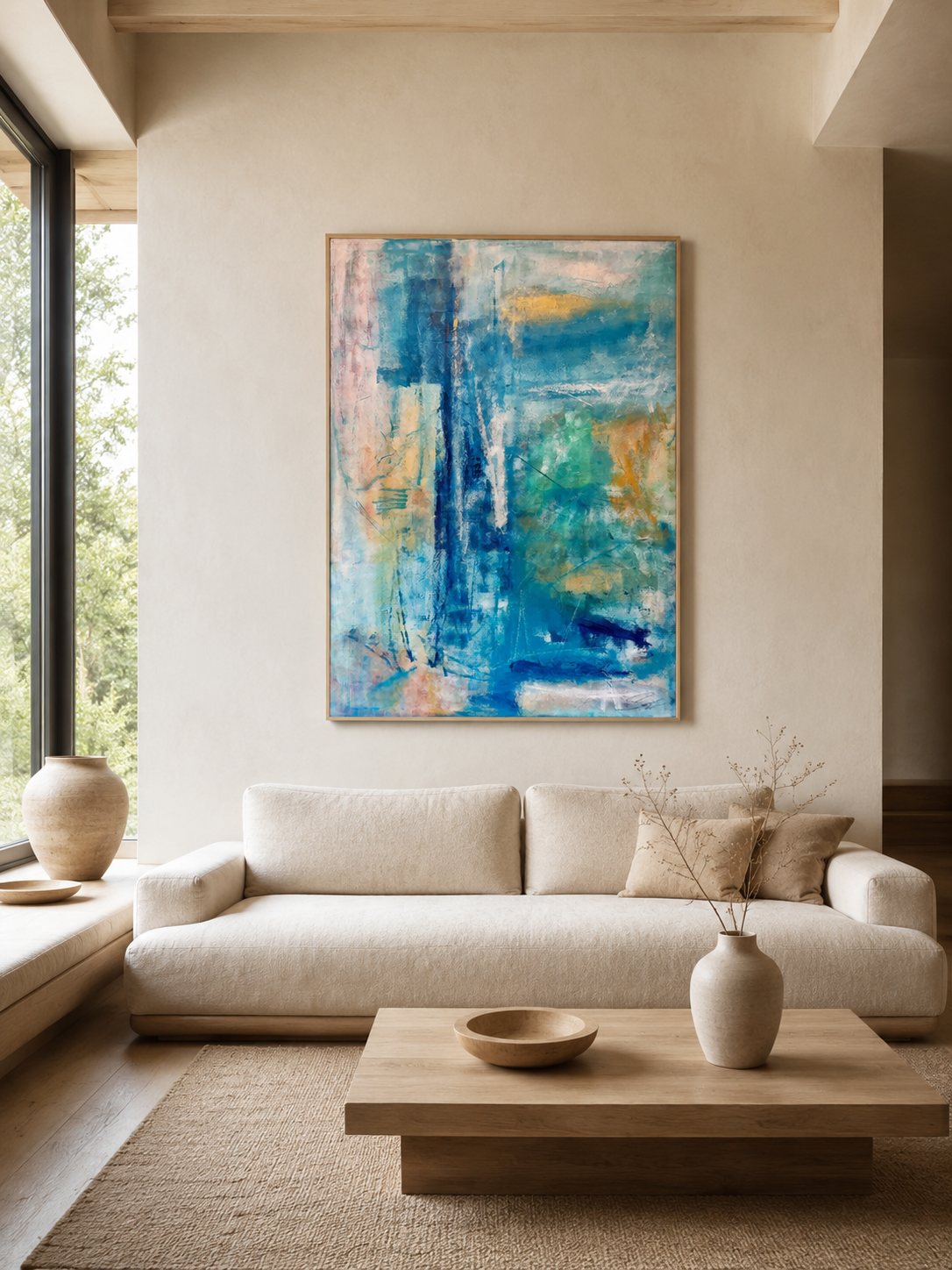 Awakening — abstract painting by Karen Sanseverino displayed in a warm contemporary living room.