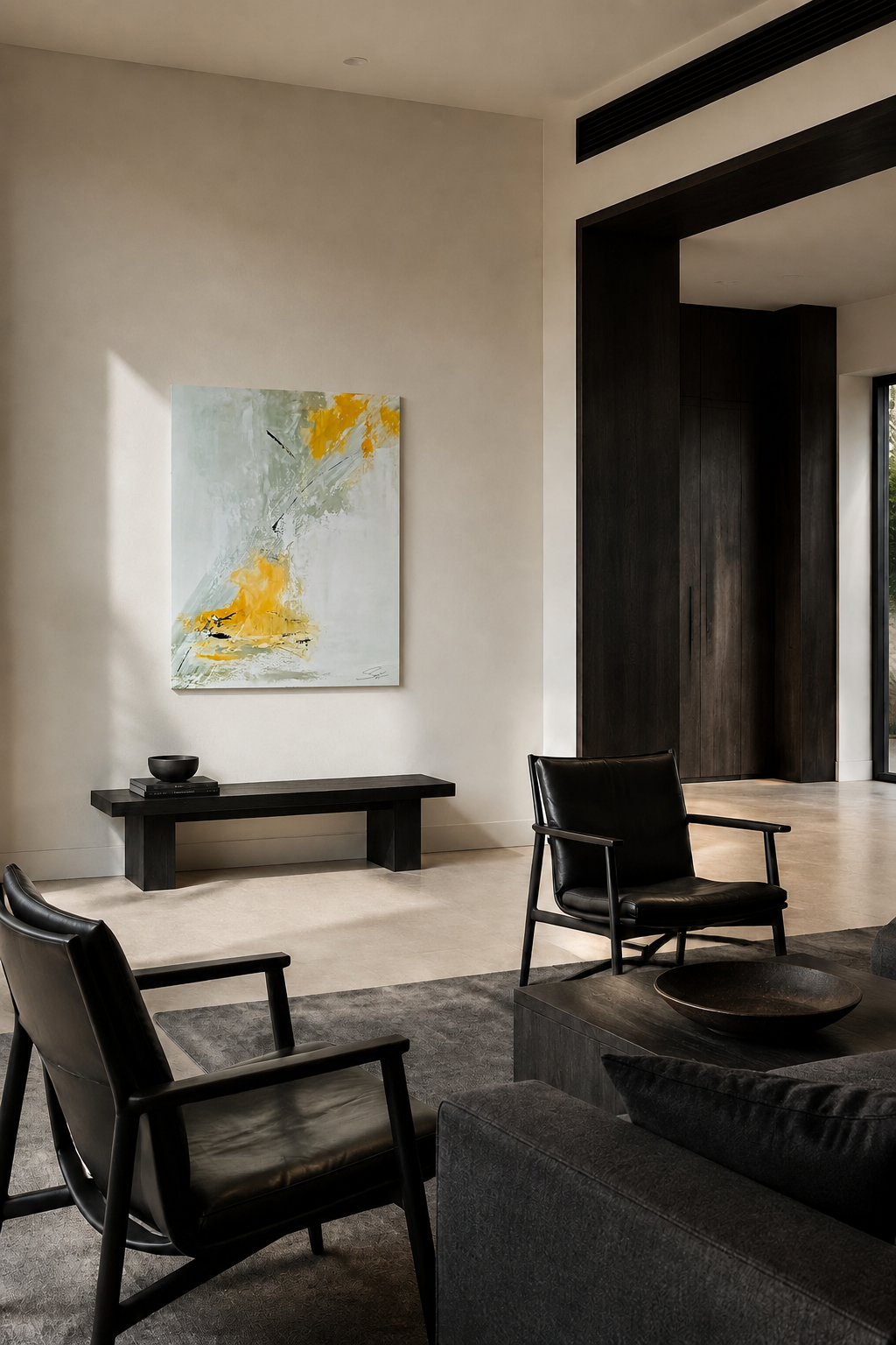 Breakthrough — abstract painting by Karen Sanseverino displayed in a sophisticated modern living room with dark furniture.