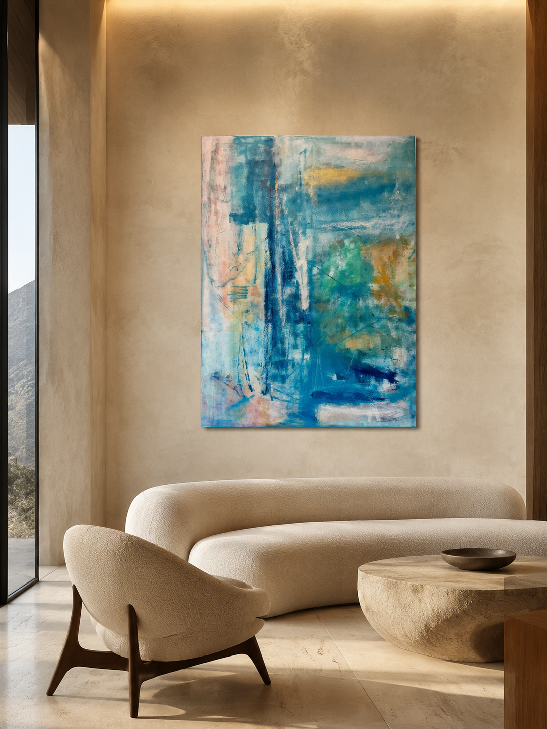 Awakening — abstract painting by Karen Sanseverino displayed in a refined luxury interior.