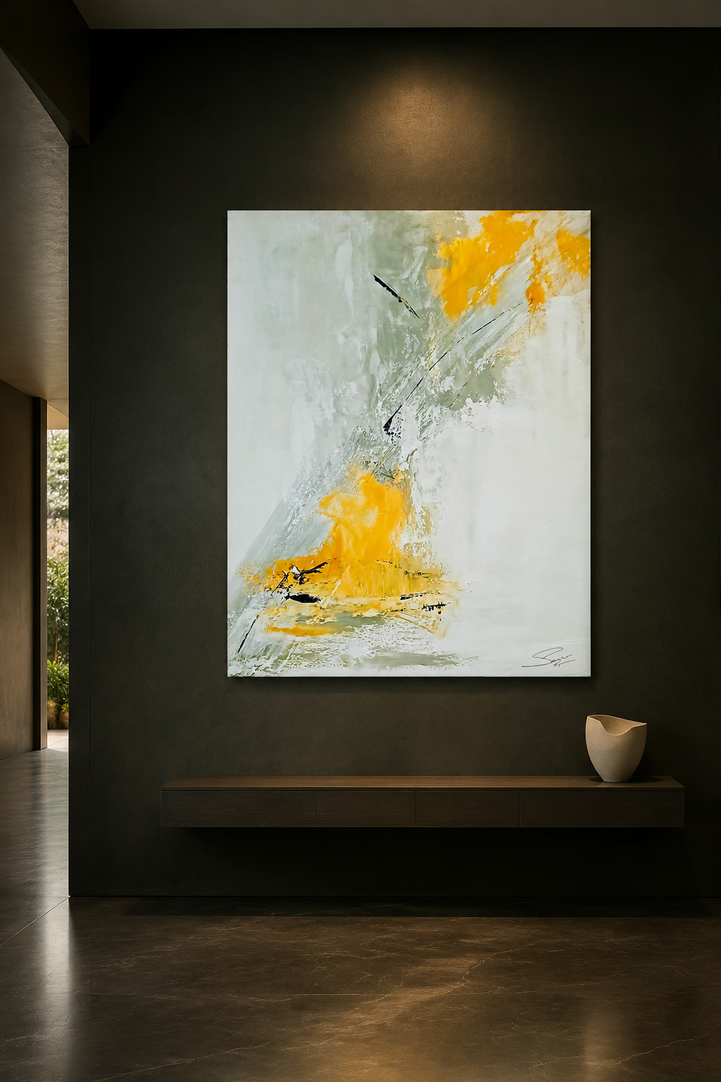 Breakthrough — abstract painting by Karen Sanseverino displayed in a sophisticated modern living room with dark furniture.