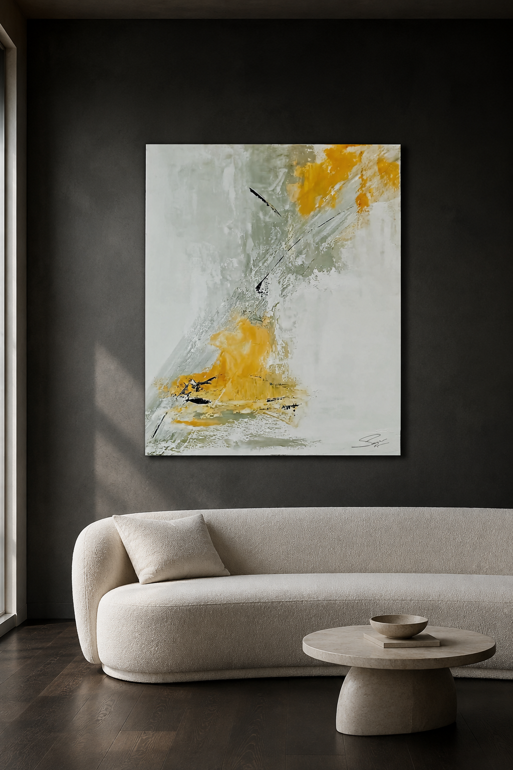 Breakthrough — abstract painting by Karen Sanseverino displayed in a refined contemporary living room with a graphite wall.