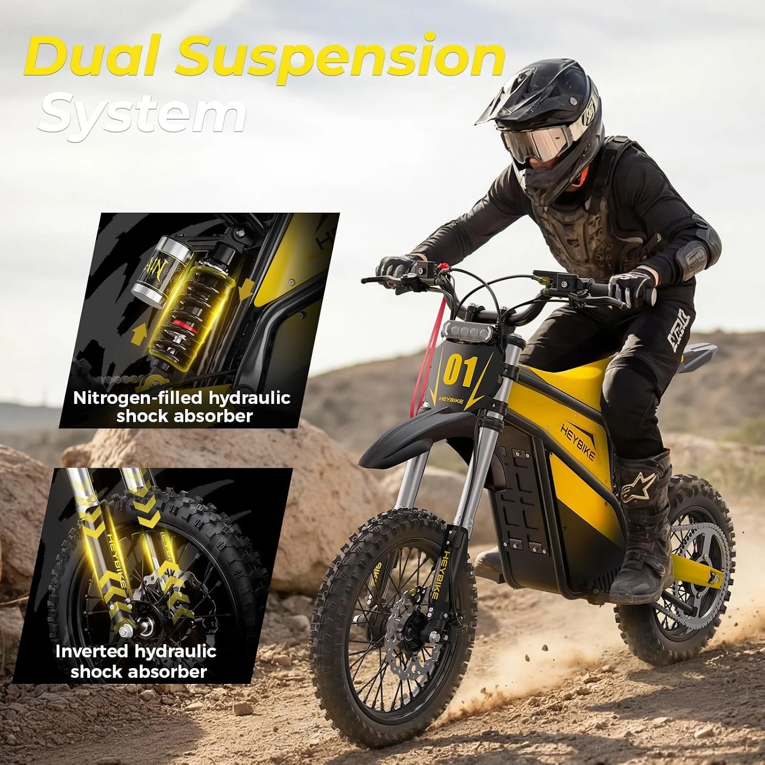 A person riding a yellow and black electric dirt bike on a dirt trail, wearing a black helmet, goggles, and protective gear. The image highlights the bike's dual hydraulic shock absorber system with diagrams showing nitrogen-filled and inverted hydraulic shock absorbers.