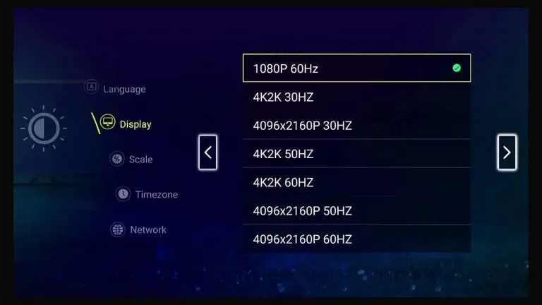 Display settings menu showing video resolution and refresh rate options, with '1080P 60Hz' selected.