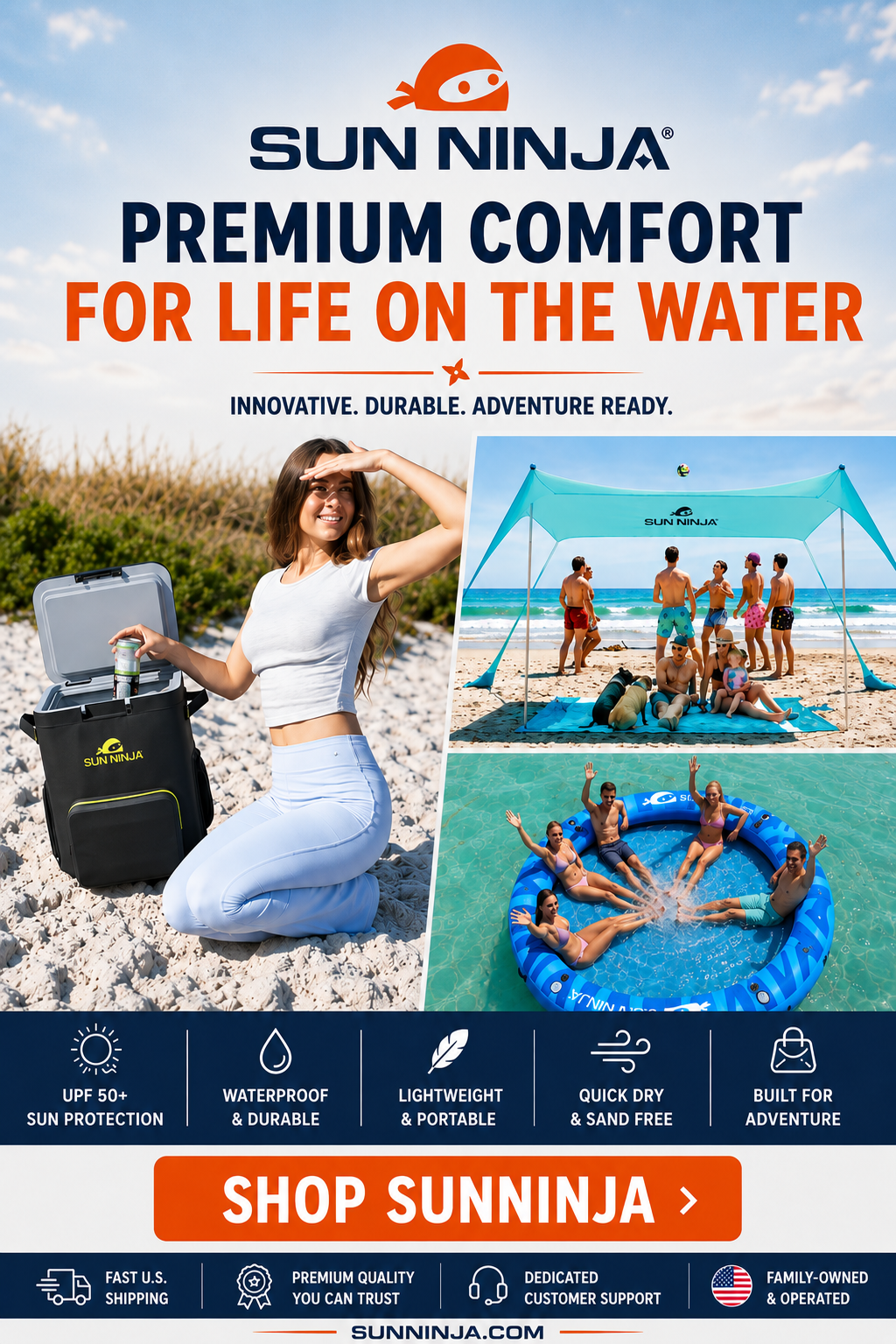 Advertisement for Sun Ninja waterproof, lightweight, and durable water gear featuring people on the beach with a canopy and a pool, emphasizing sun protection and adventure readiness.