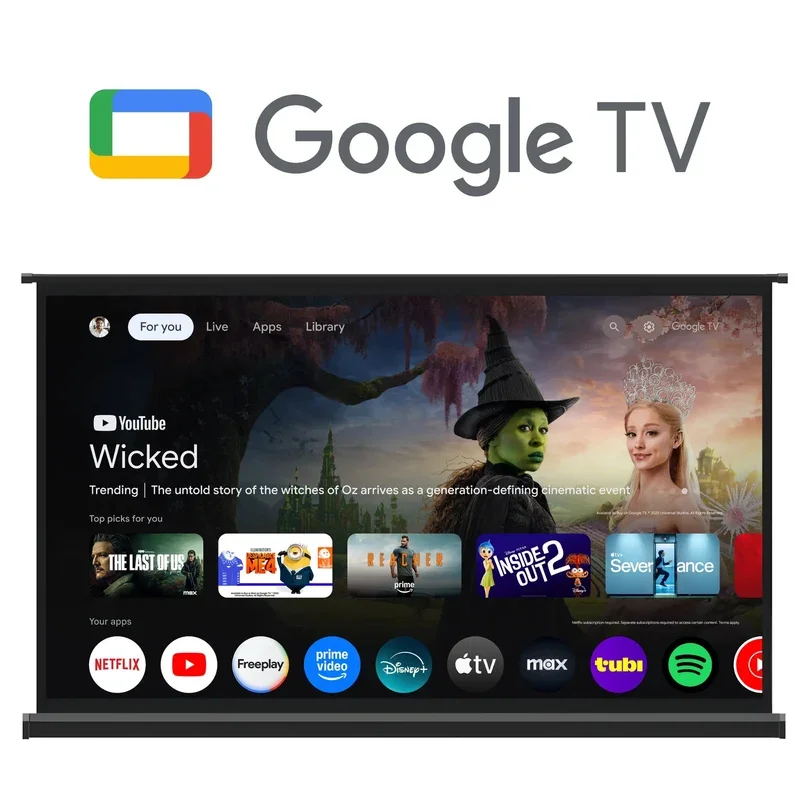 Google TV screen displaying a homepage with a banner for the movie 'Wicked' and various app icons like Netflix, YouTube, Prime Video, Disney+, and Spotify.
