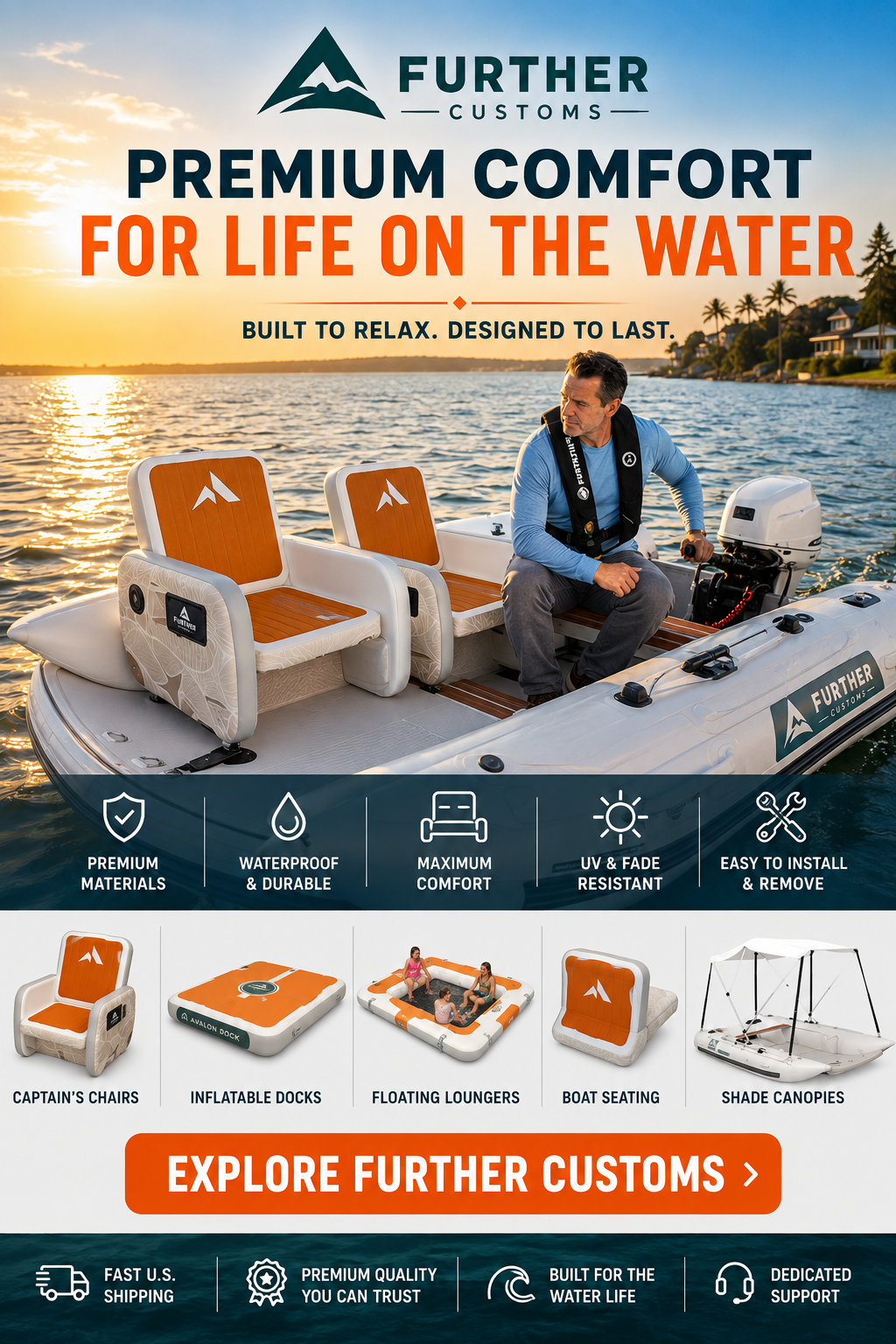 A promotional image for Further Customs featuring a man on a boat with orange and white boat seats, advertising marine products like captain's chairs, inflatable docks, floating loungers, boat seating, and shade canopies, with sunset in the background.