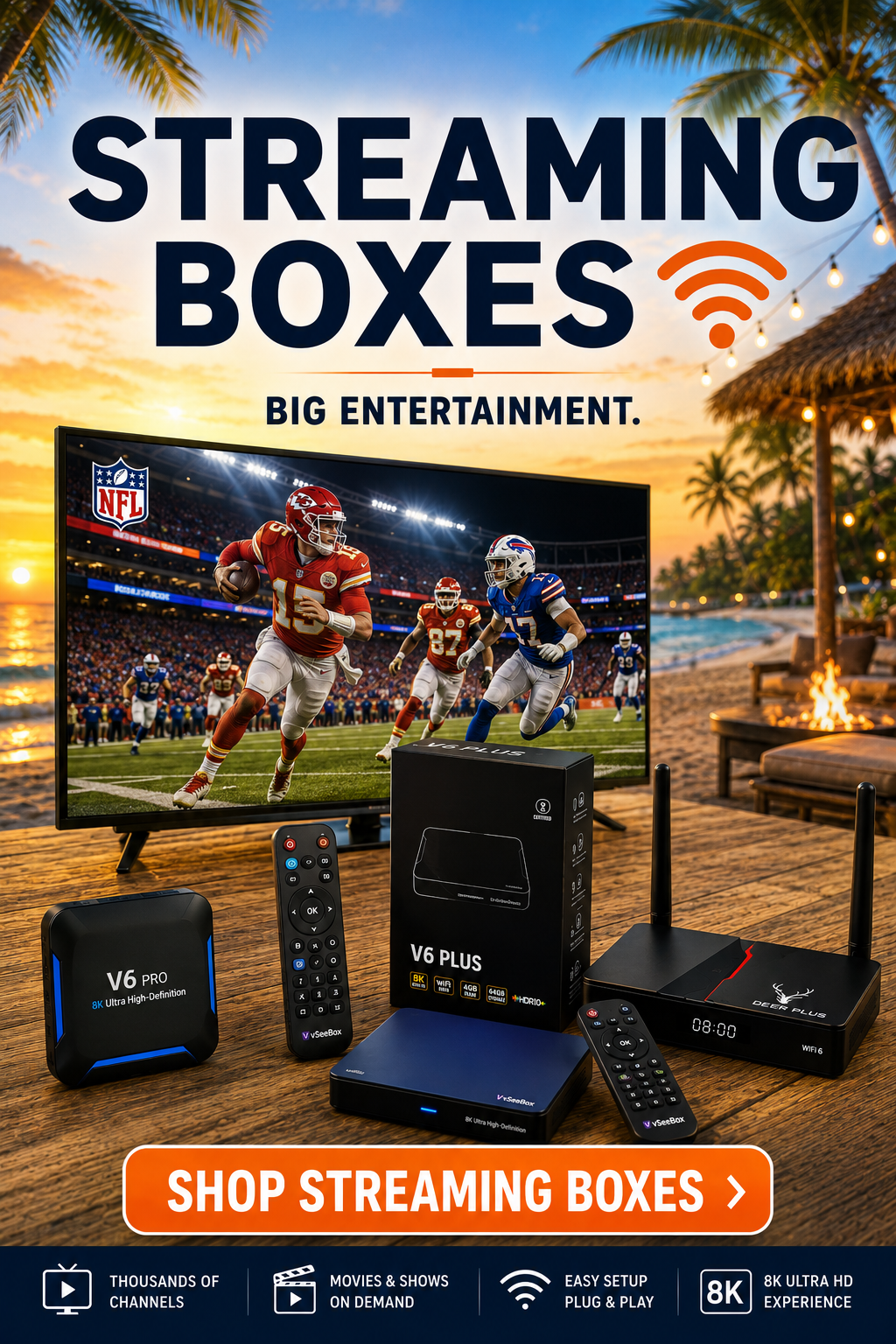 An advertisement for streaming boxes showing a TV playing a football game, with various streaming devices and remotes on a wooden table at a beachside setting during sunset.