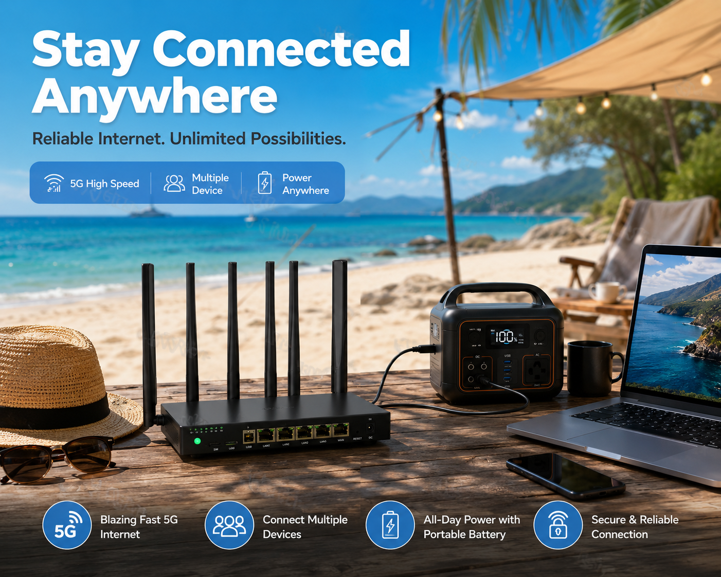 A portable Wi-Fi router on a beach table with a hat, sunglasses, a laptop, a phone, and a portable power station, with ocean, mountains, and a beach umbrella in the background, promoting reliable internet connectivity anywhere.